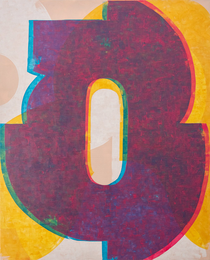 Spectral Orbit, geometric abstract painting in acrylic on canvas, composed of layered geometric forms. inspired by typography, yellow, blue and pink overlapping, translucent layers.