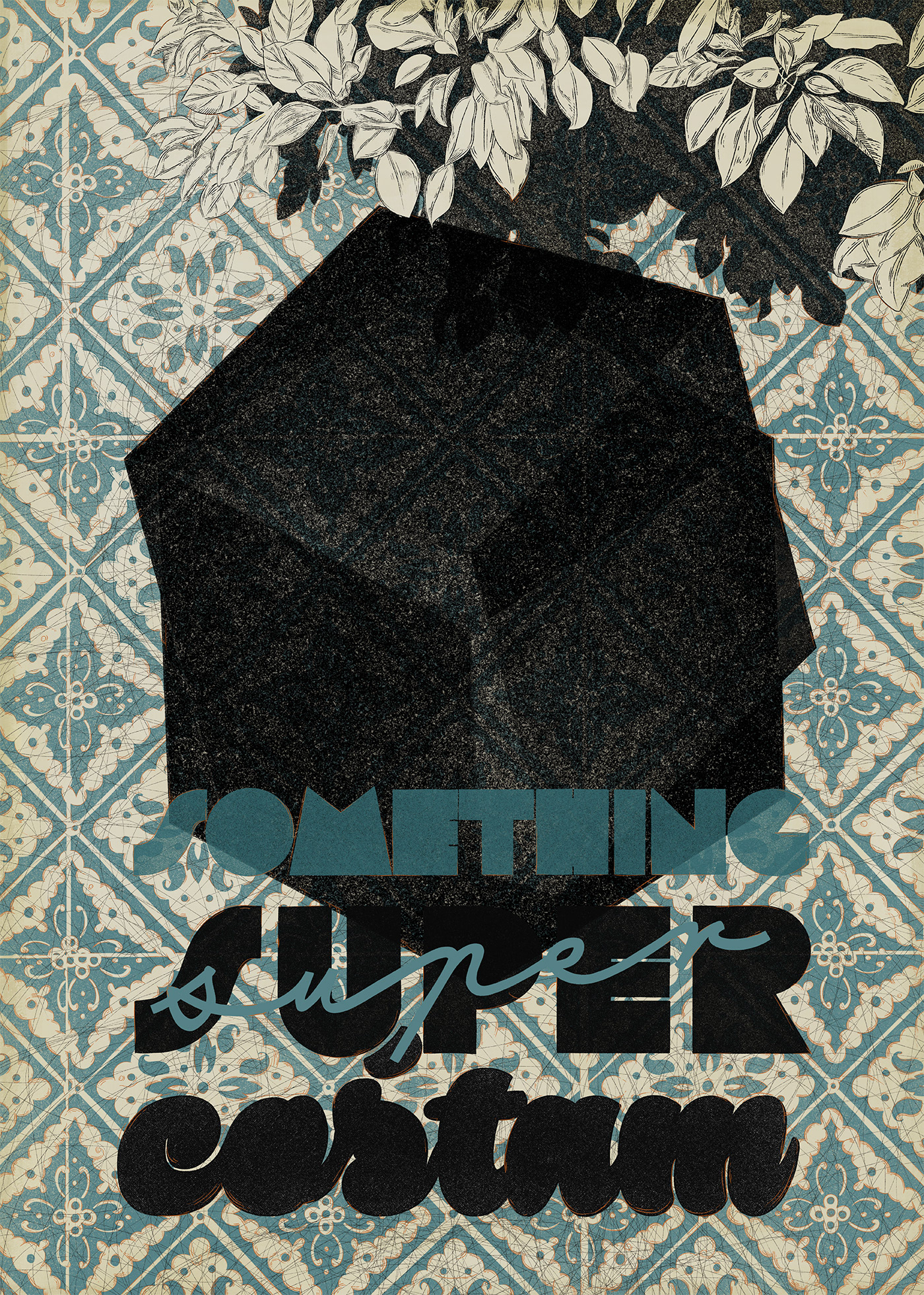 Typography composition in front of a black brutalist block and azulejos pattern and floral motives