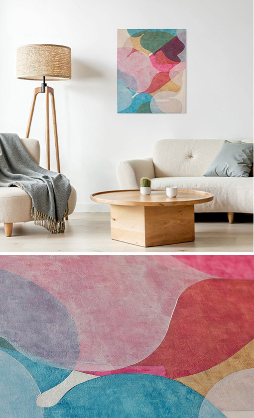 Painting on canvas, close-up of a detail and a view of the painting hanging on a wall in an bright interior.