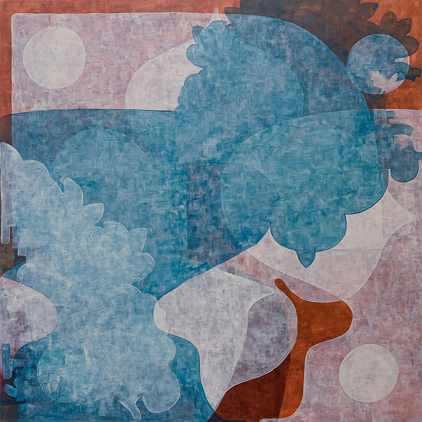 Formiga Azul, geometric abstraction on canvas, composition with overlapping bright white and blue forms on orange background.