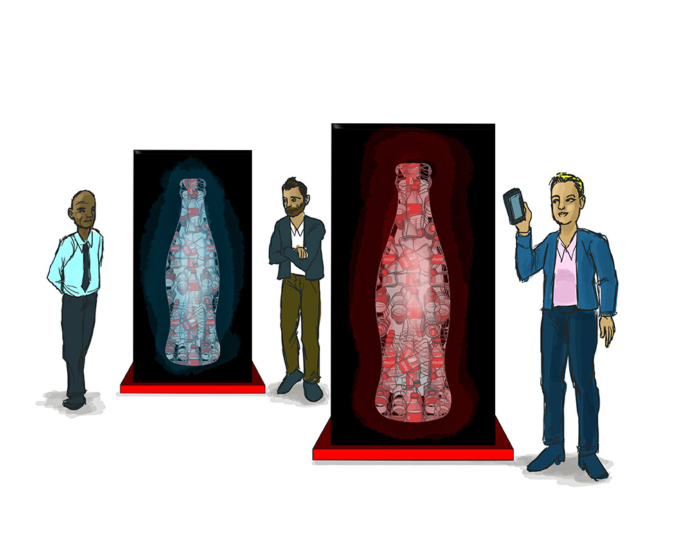 Plastic Waste display in the shape of bottles.