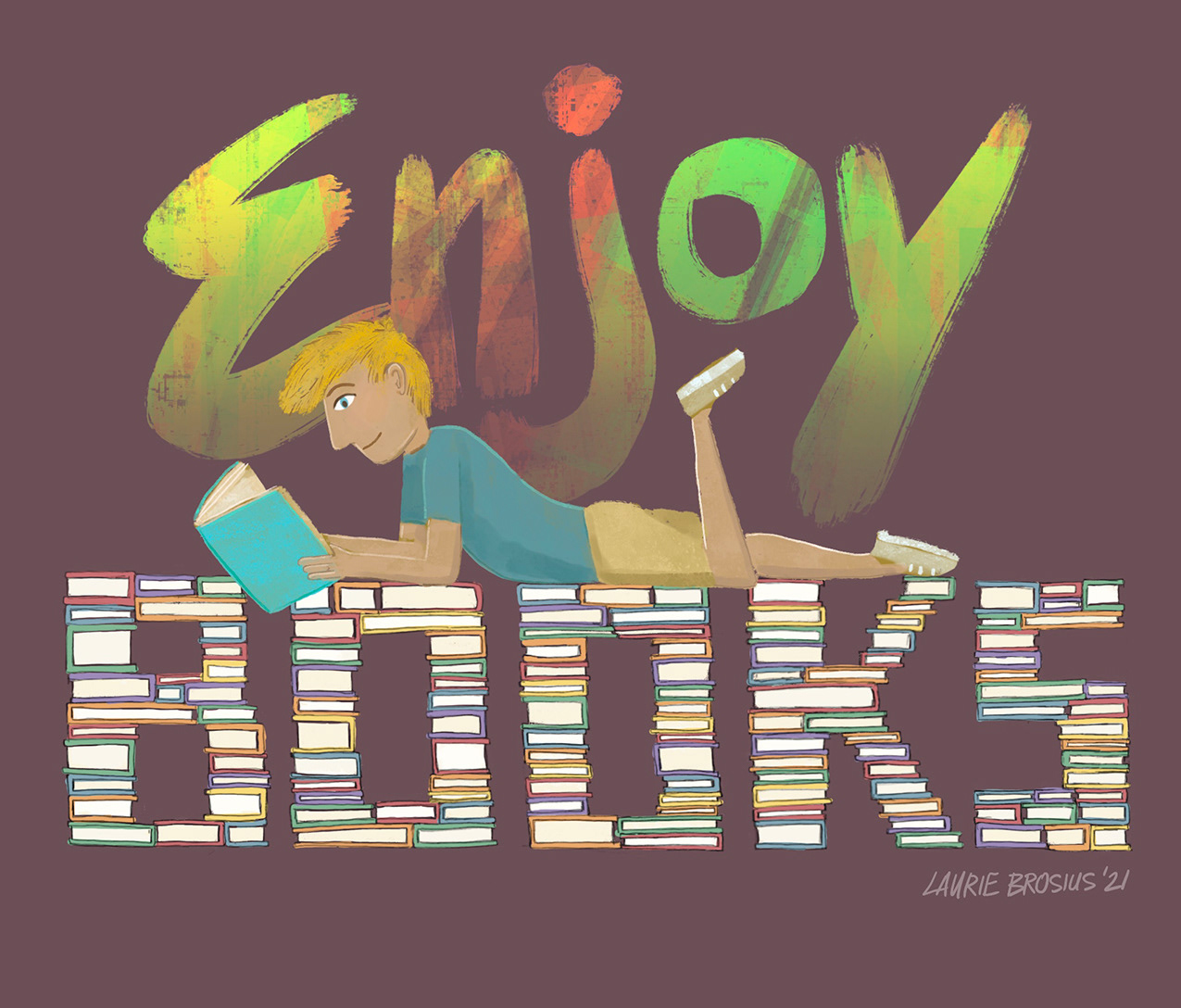 Boy reading a book, laying on books, enjoy books, children's books, illustration, ©Laurie Brosius