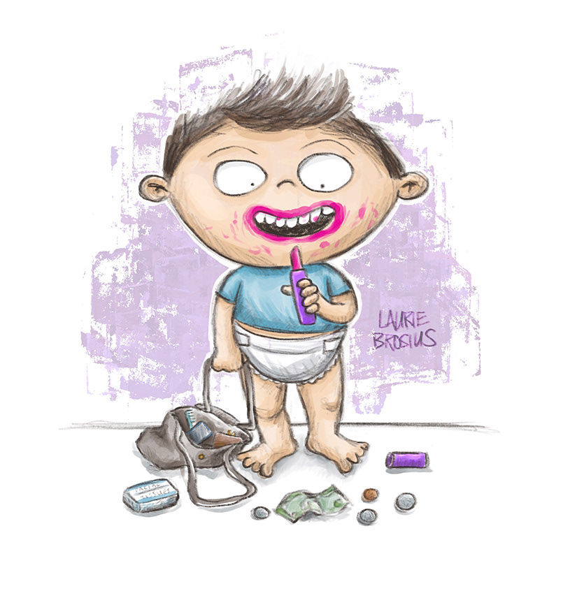 Pint-sized purse snatcher in diapers, finds the lipstick, funny, cute, humorous, illustration, ©Laurie Brosius