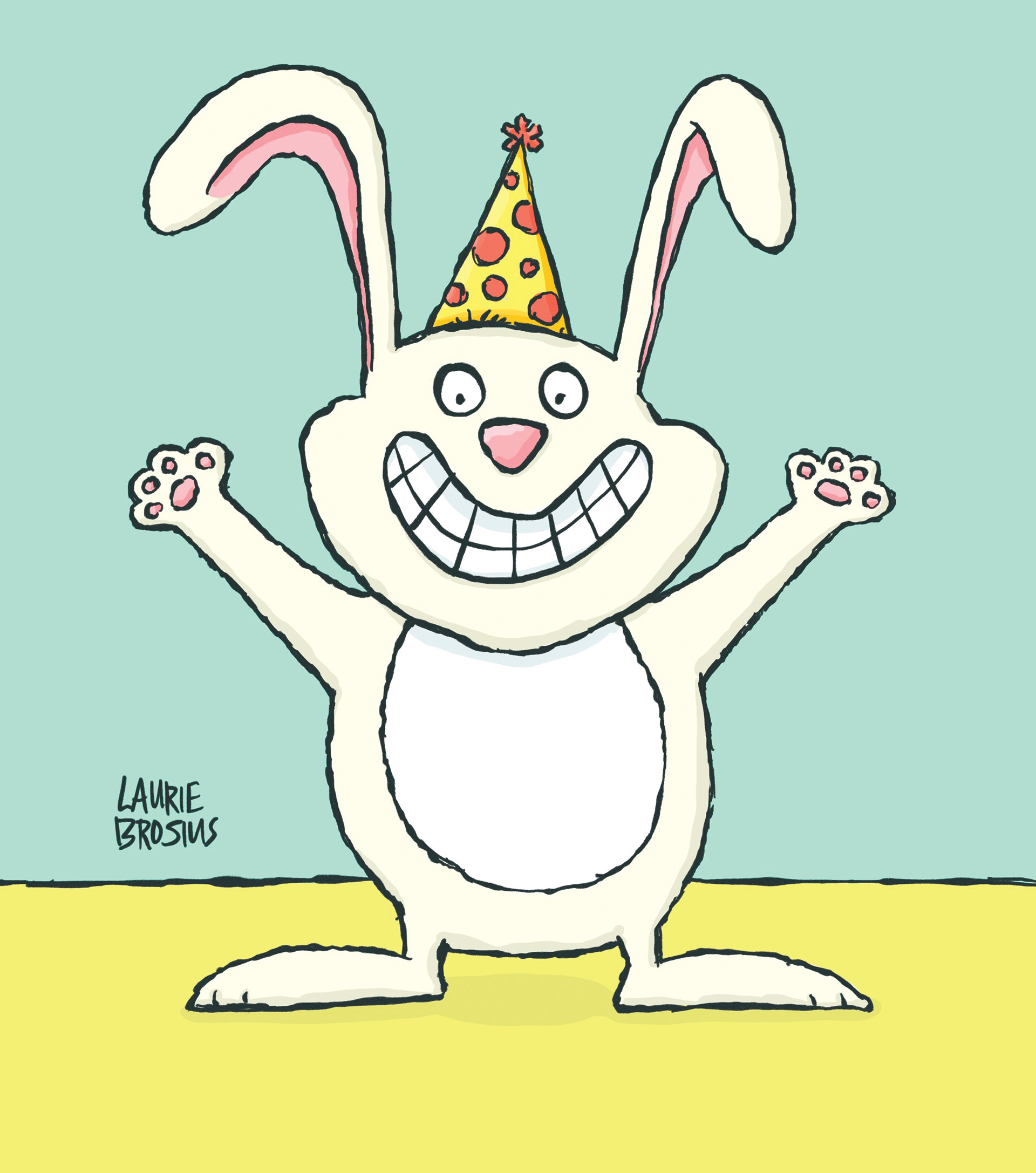 Cute illustrated bunny wearing a party hat, ready to celebrate, ©Laurie Brosius