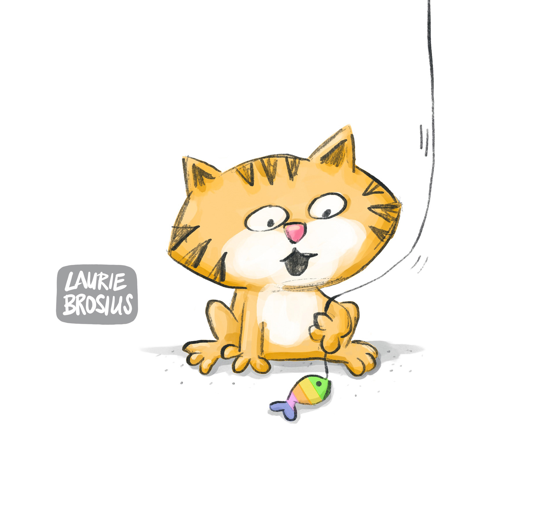 Cute kitten playing with a fish on a string, illustration, kidlit art, ©Laurie Brosius