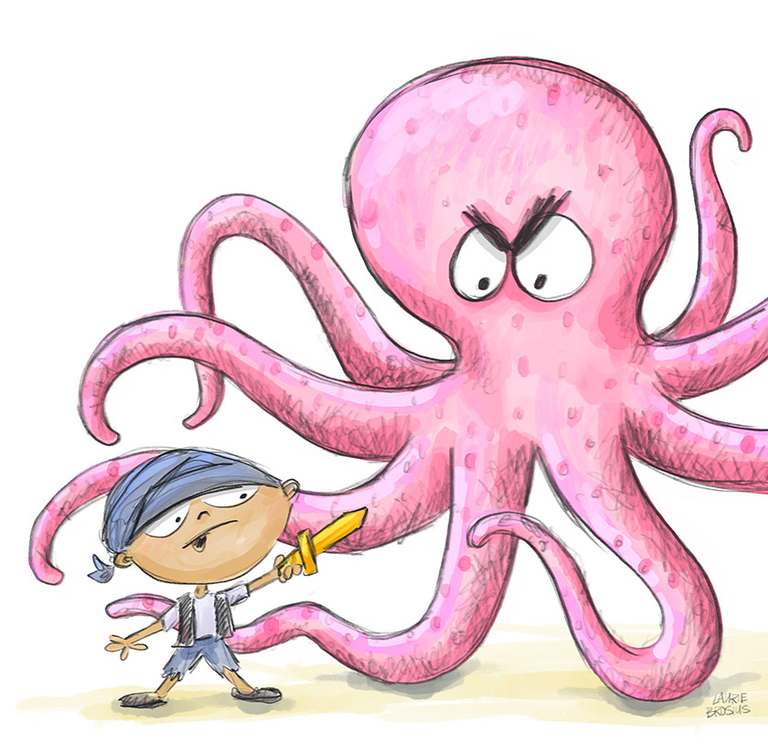 Cute kid pirate defending against a pink octopus, illustration, kidlit, ©Laurie Brosius
