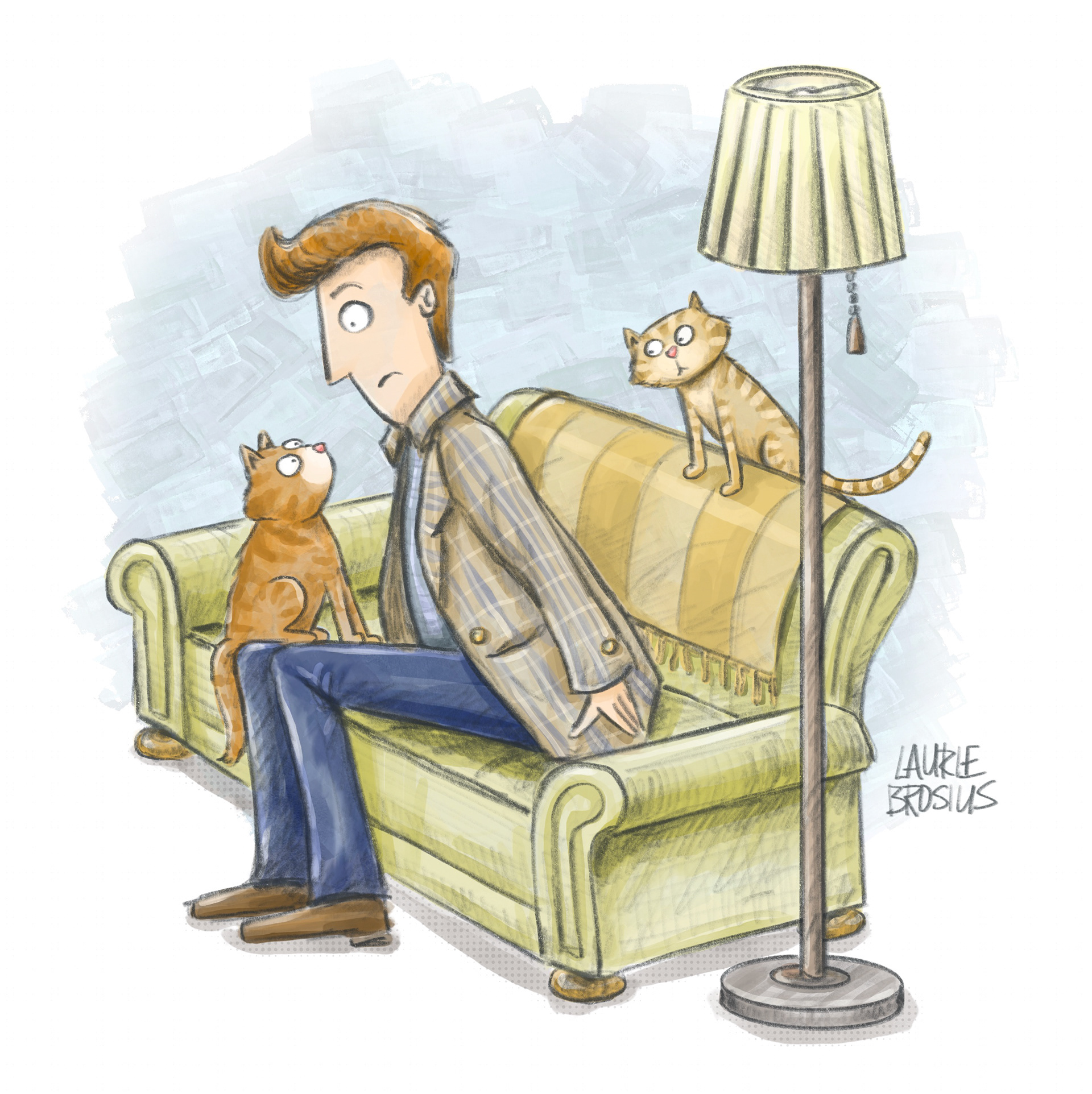 Cats always seem to gravitate to non-cat people and dark color clothing, humor, cute, illustration ©Laurie Brosius