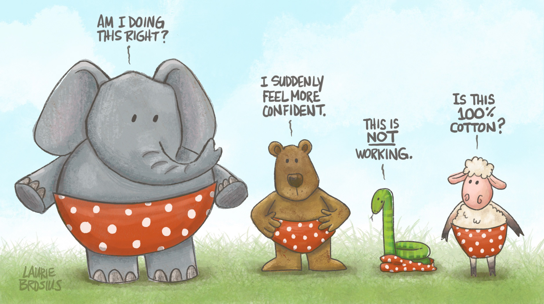 Animals celebrating National Underwear Day, elephant, bear, snake, sheep, cute, funny, illustration ©Laurie Brosius