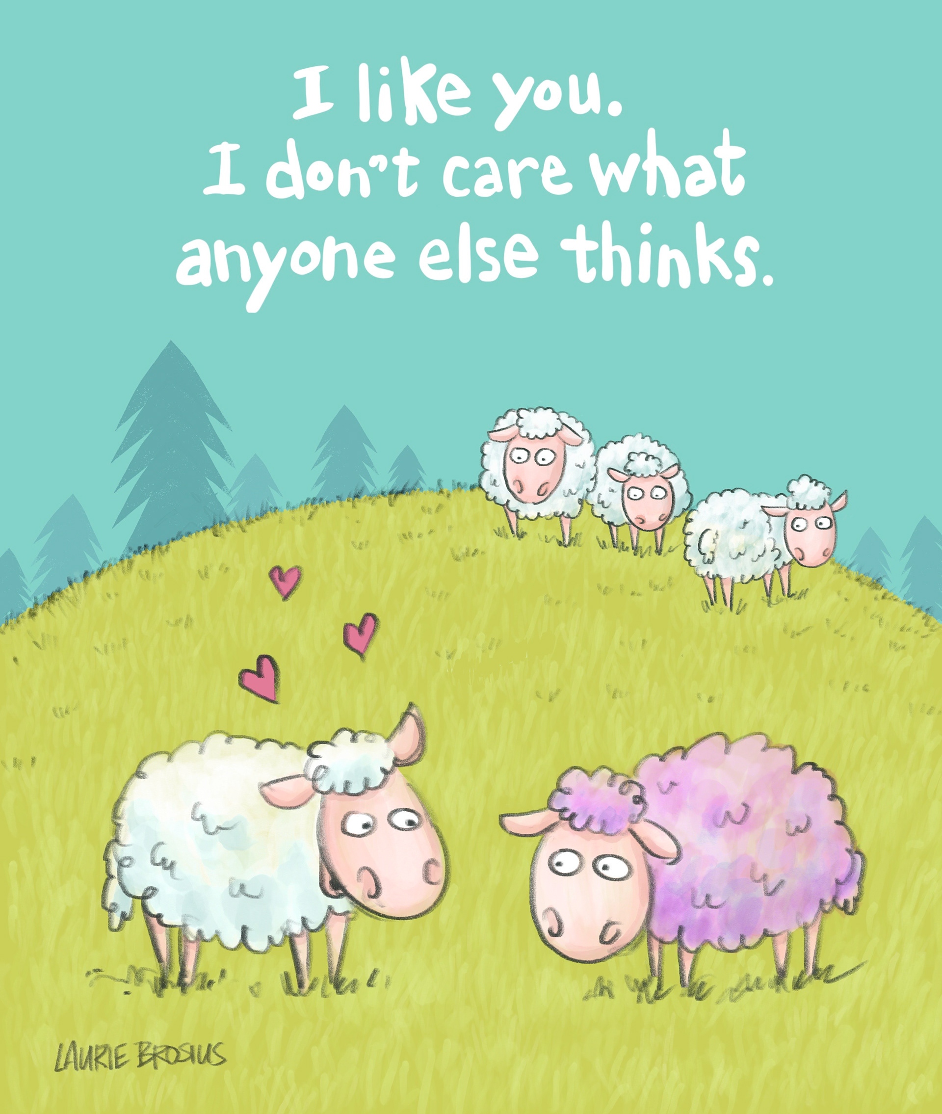 Illustration encouraging acceptance and tolerance of others who may be different, sheep, fun, cute, humorous, ©Laurie Brosius