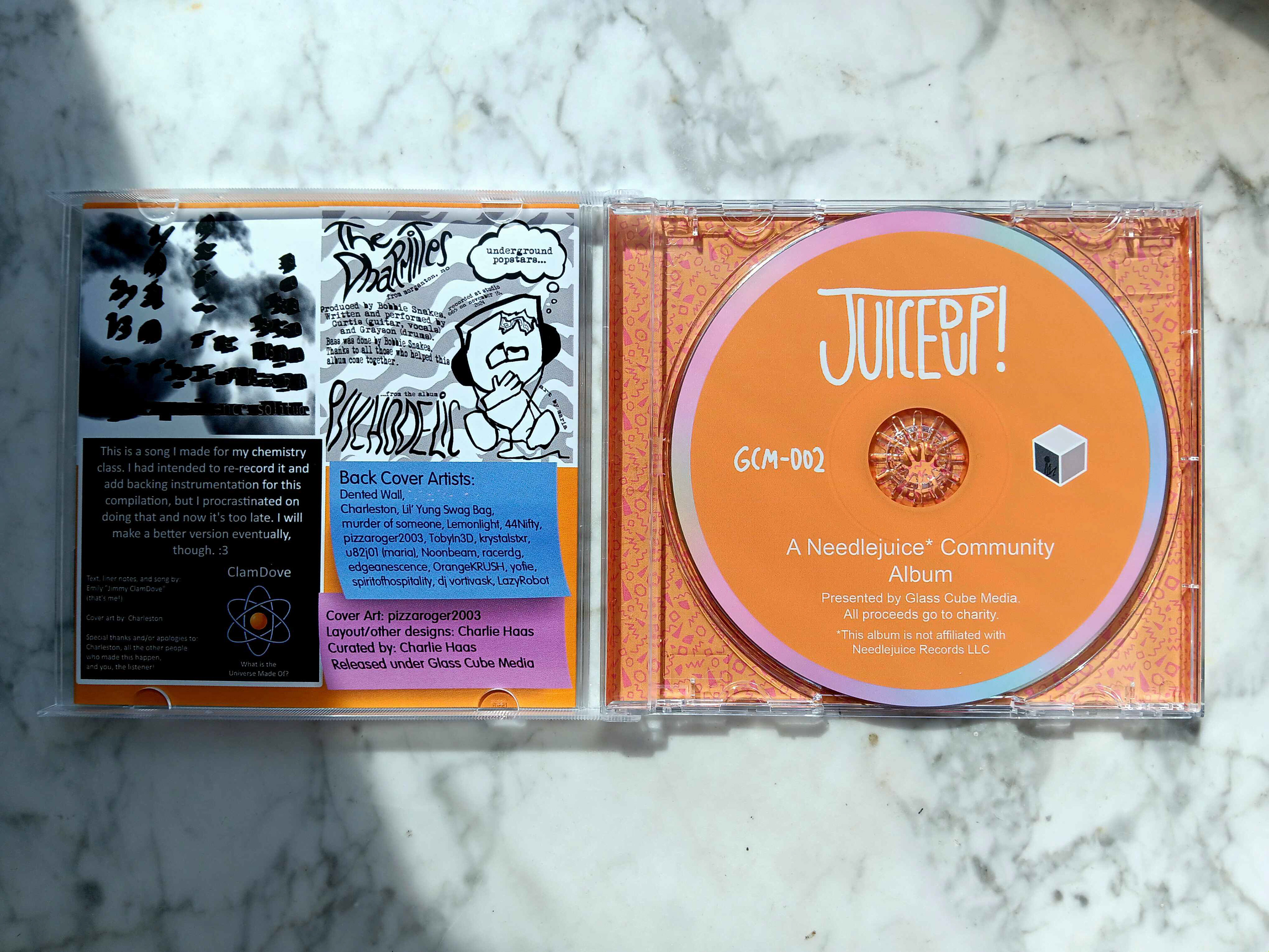 Photo of the final manufactured result, showing the last page of the insert, the disc, and interior tray card design