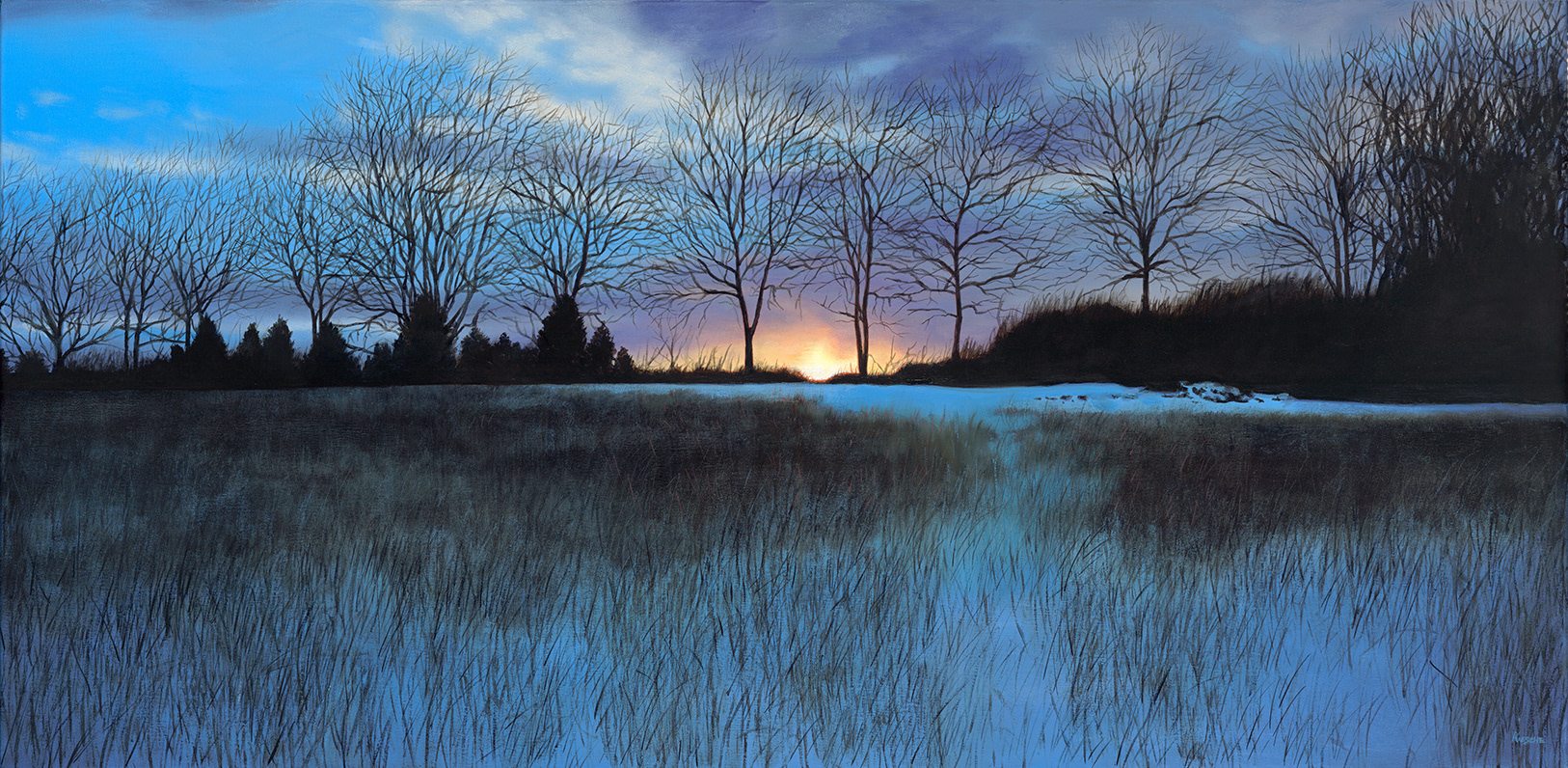Hedgerow In Snow, 24"x48”, Oil on canvas. Original and reproductions available.