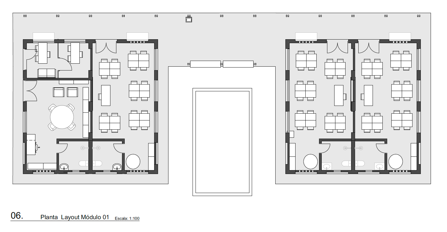 Planta da escola, no  retângulo central, a cisterna.