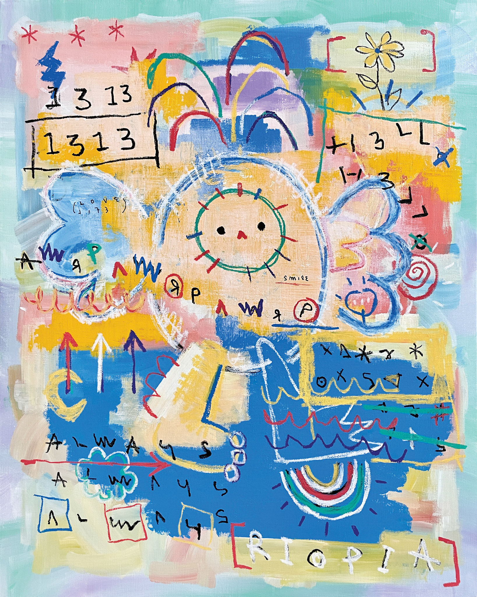 [Hello 1313] 90.9 x 72.7 cm (30F) Acrylic, oil paint-stick, acrylic marker on canvas 2022
