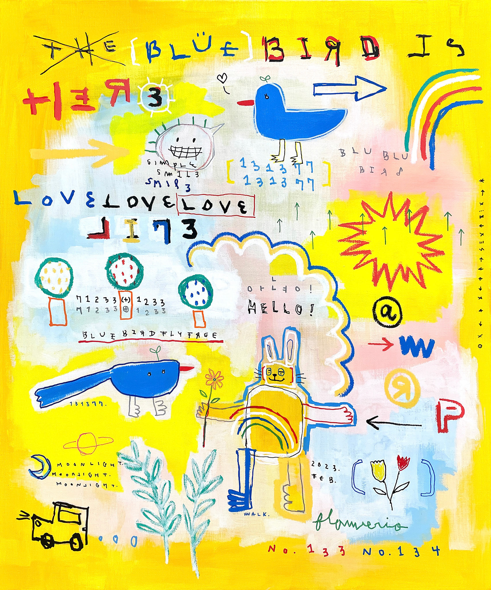 [BLUE BIRD IS HERE (LI73)] 72.7 x 60.6 cm (20F) Acrylic, oil paint-stick, oil marker, wax pastel on canvas 2023