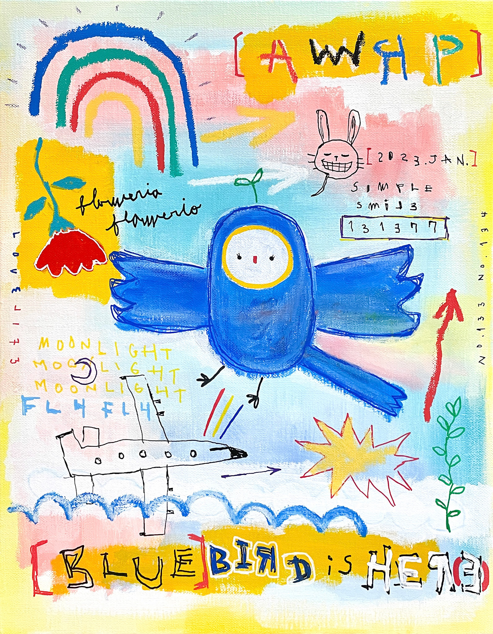[Blue Bird Is Here (plane)] 40.9 x 31.8 (6F) Acrylic, oil paint-stick, acrylic marker, wax pastel on canvas 2023