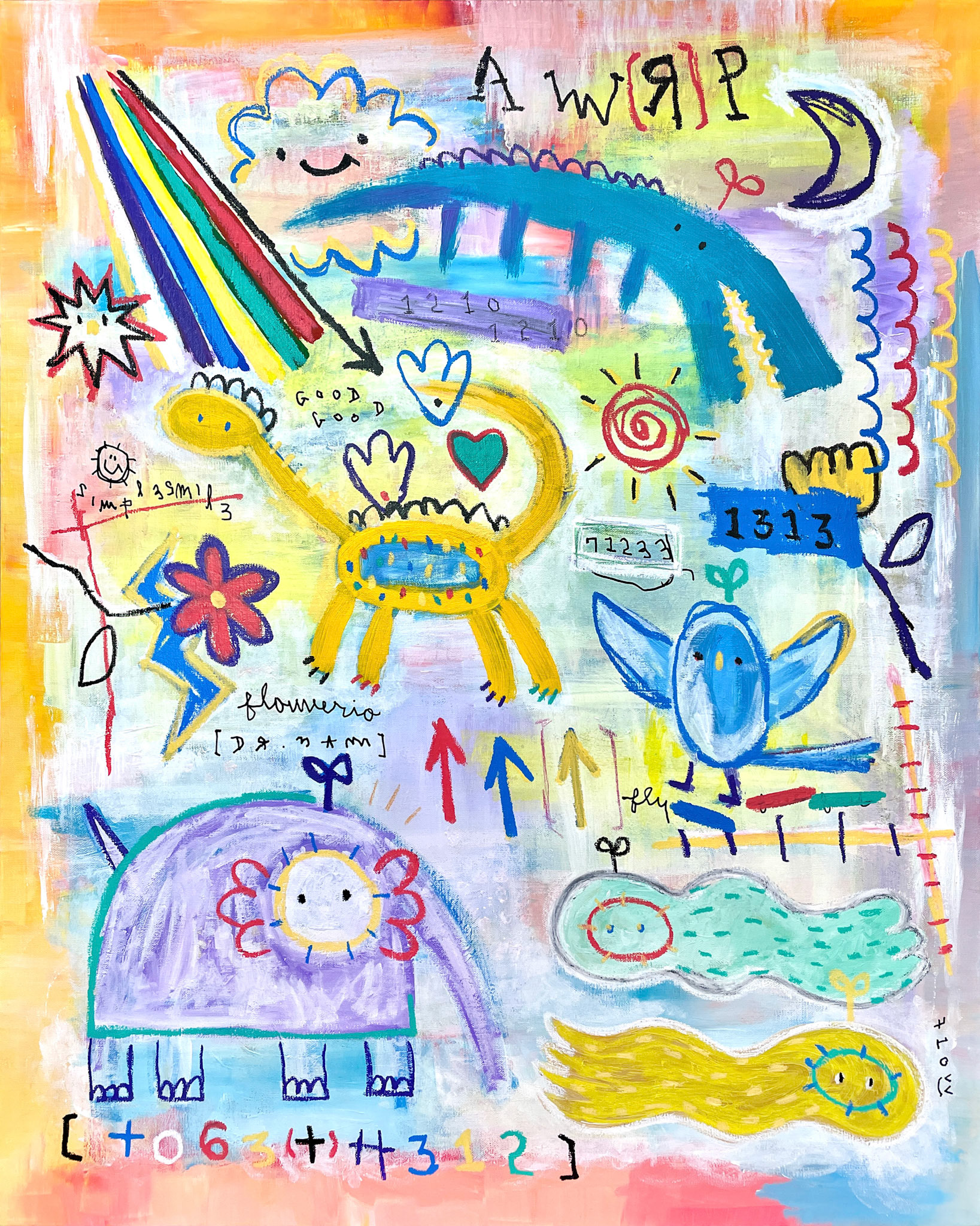 [친구가 많이 있어] 90.9 x 72.7 cm (30F) Acrylic, oil paint-stick, acrylic marker, wax pastel on canvas 2022