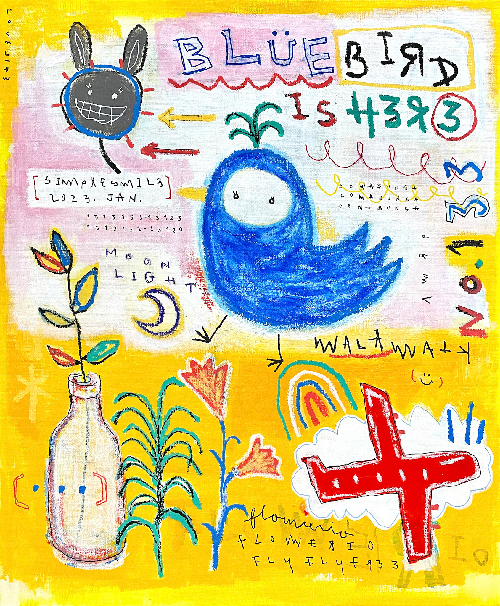 [Blue Bird Is Here (bottle)] 60.6 x 50.0 (12F) Acrylic, oil paint-stick, acrylic marker on canvas 2023
