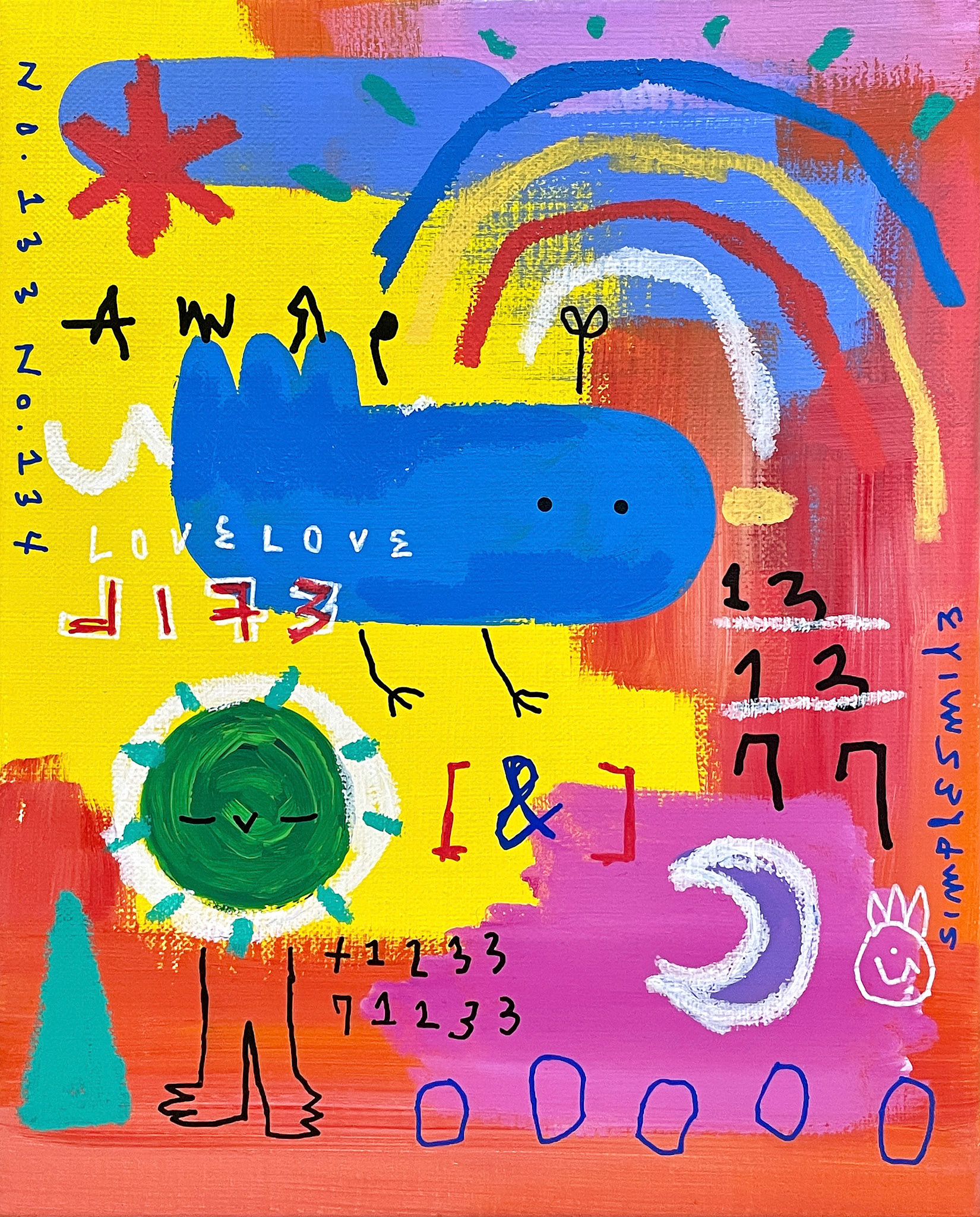 [미소나무와 파랑새-1] 27.3 x 22.0 cm (3F) Acrylic, oil paint-stick, acrylic marker on canvas 2022