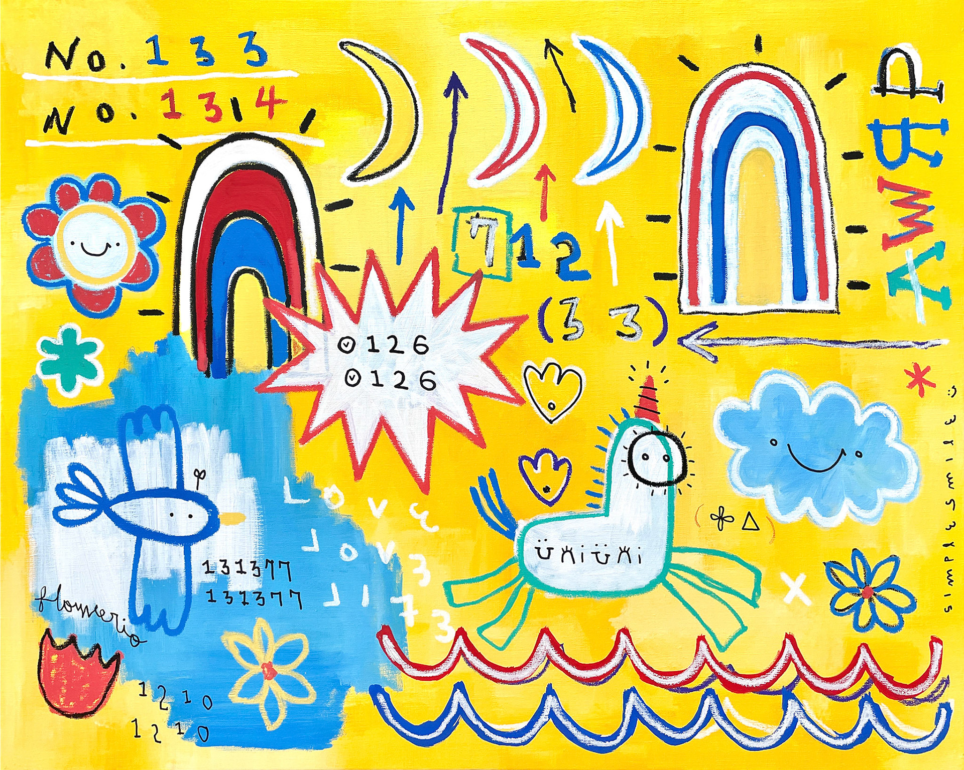 [무지개문 열다] 72.7 x 90.9 cm (30F) Acrylic, oil paint-stick, acrylic marker, wax pastel on canvas 2022