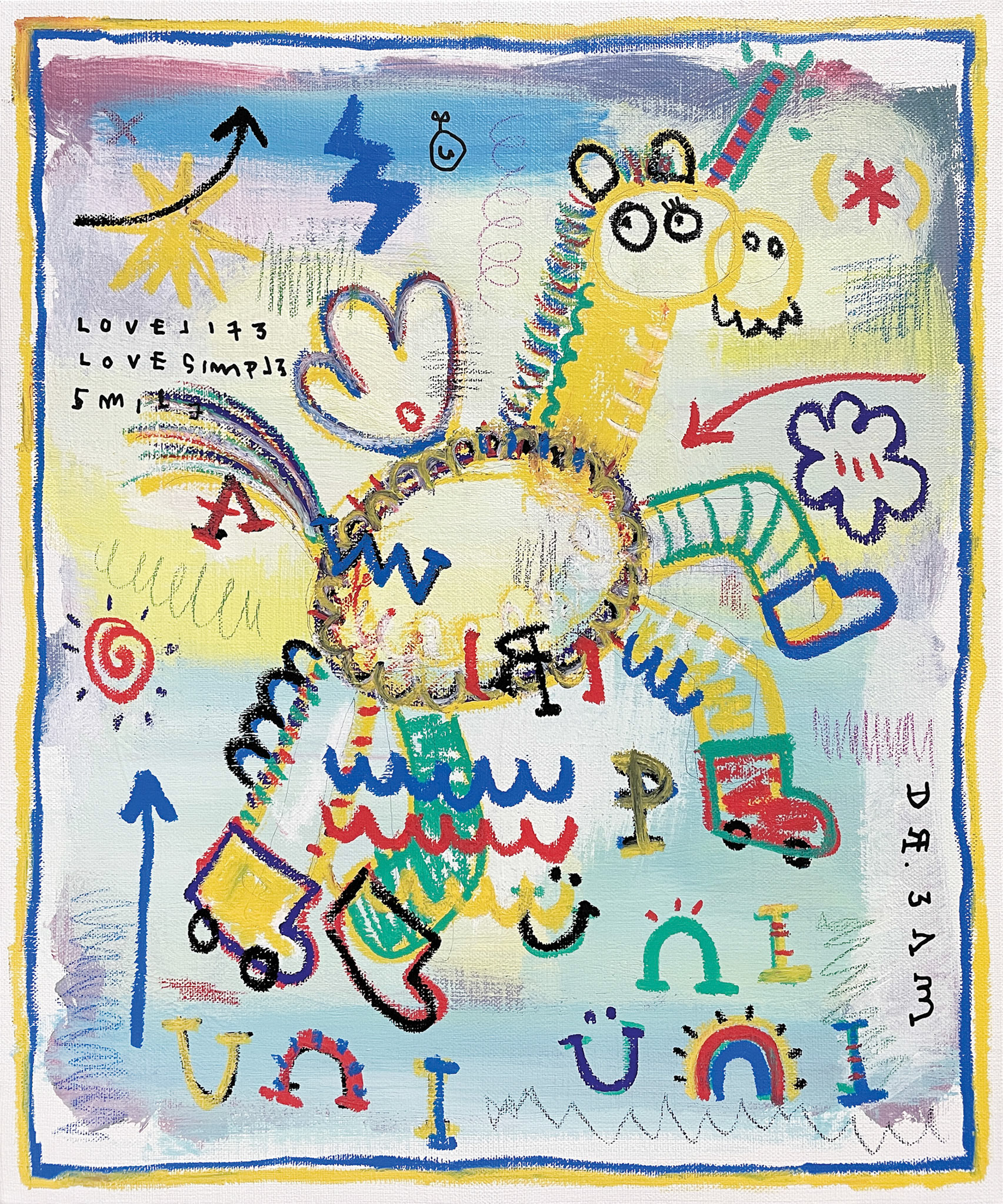 [Roller Uni] 45.5 x 37.9 cm (8F) Acrylic, oil paint-stick, acrylic marker, ball pen, wax pastel on canvas 2022