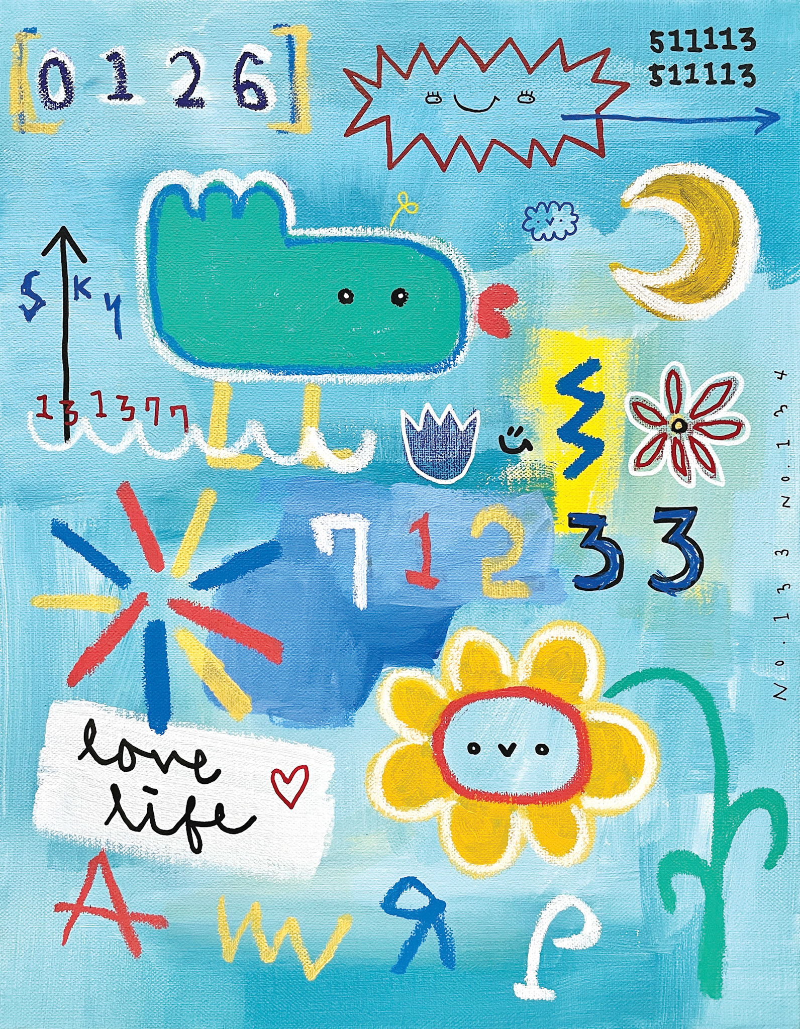 [여름방학2022-6] 40.9 x 31.8 cm (6F) Acrylic, oil paint-stick, acrylic marker, wax pastel on canvas 2022