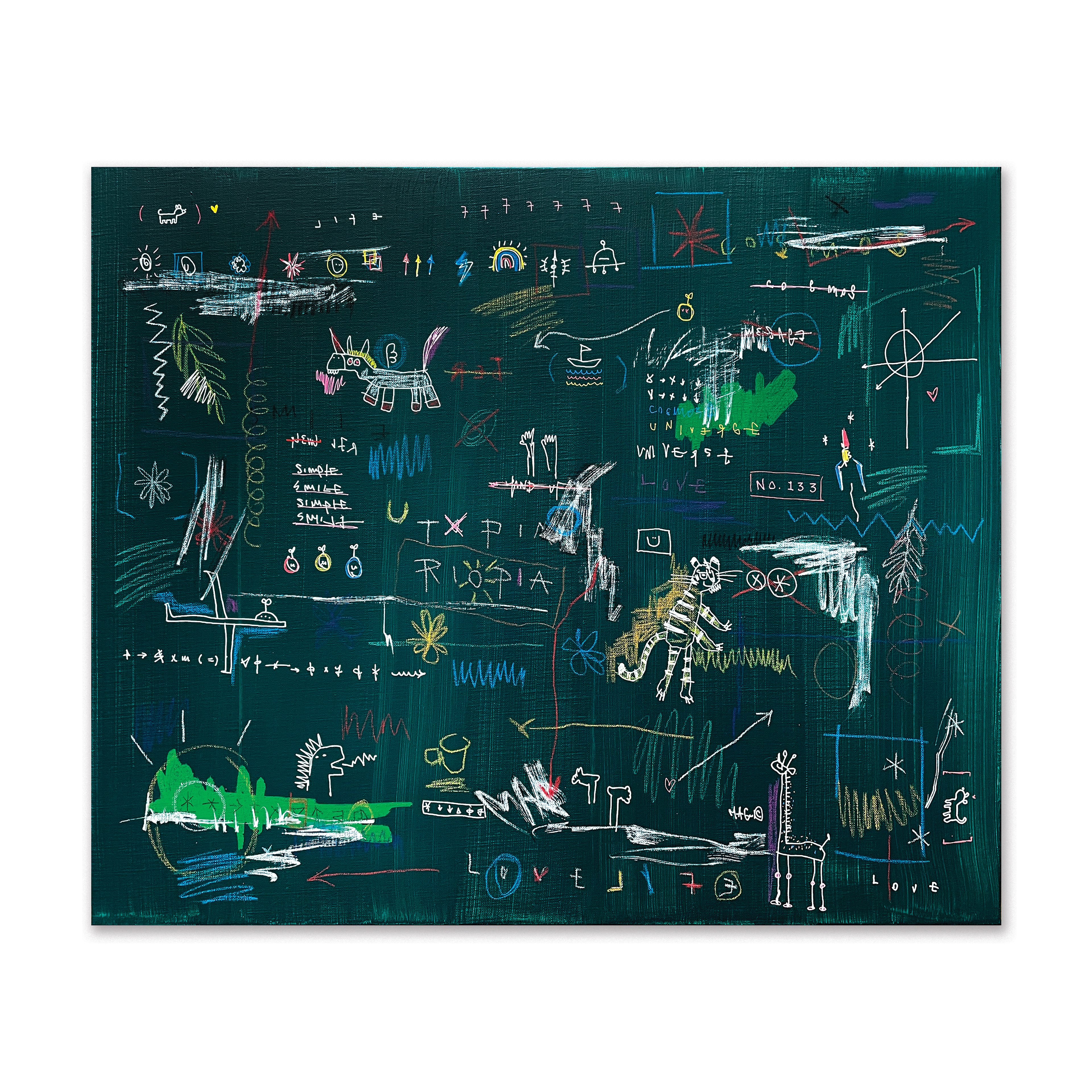 Childlike-Utopia — Acrylic, acrylic marker, wax pastel on canvas. 60.6 x 72.7 cm. 2021.