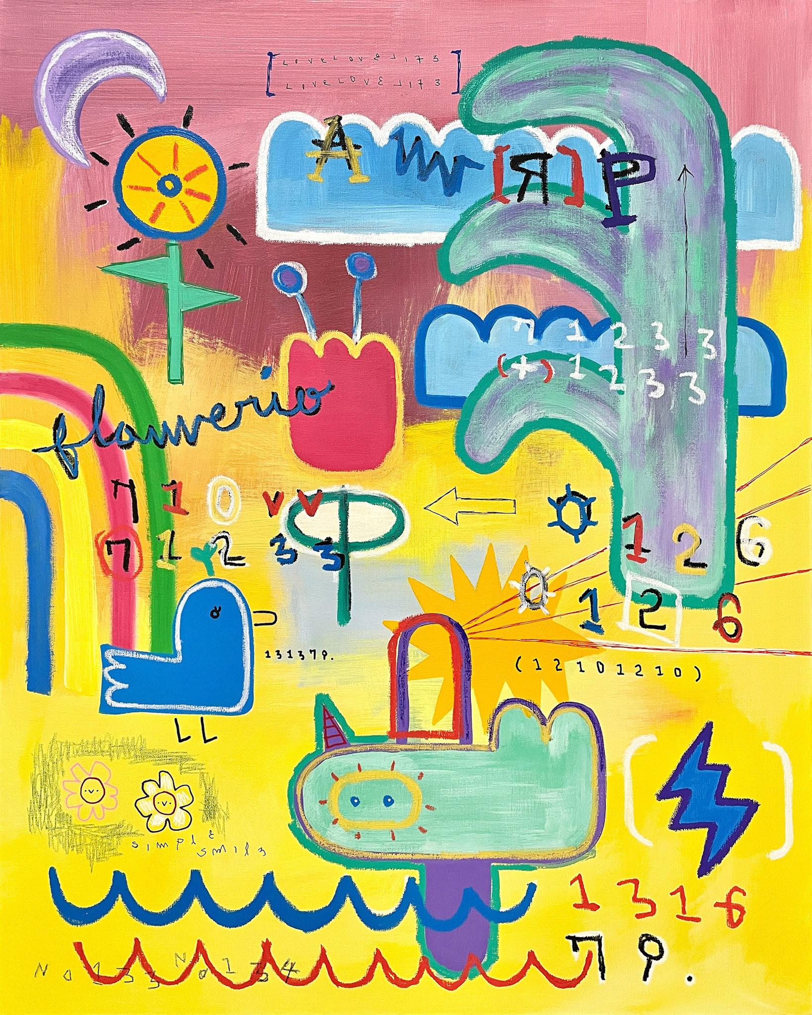 [손내밀면] 90.9 x 72.7 cm (30F) Acrylic, oil paint-stick, acrylic marker, wax pastel on canvas 2022