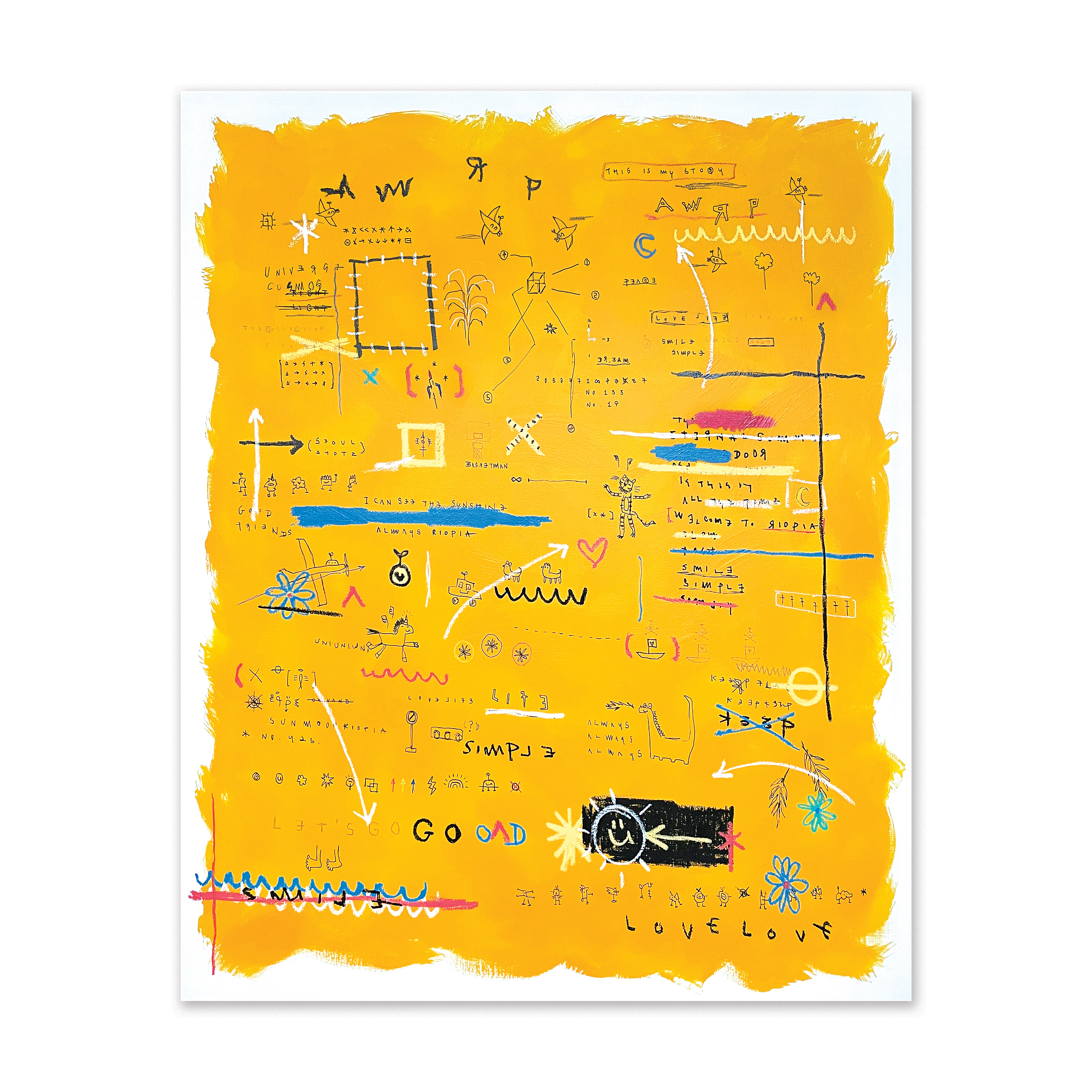 This is my story — Acrylic, acrylic marker, oil paint-stick, wax pastel, ball pen on canvas. 100 x 80.3 cm. 2021.