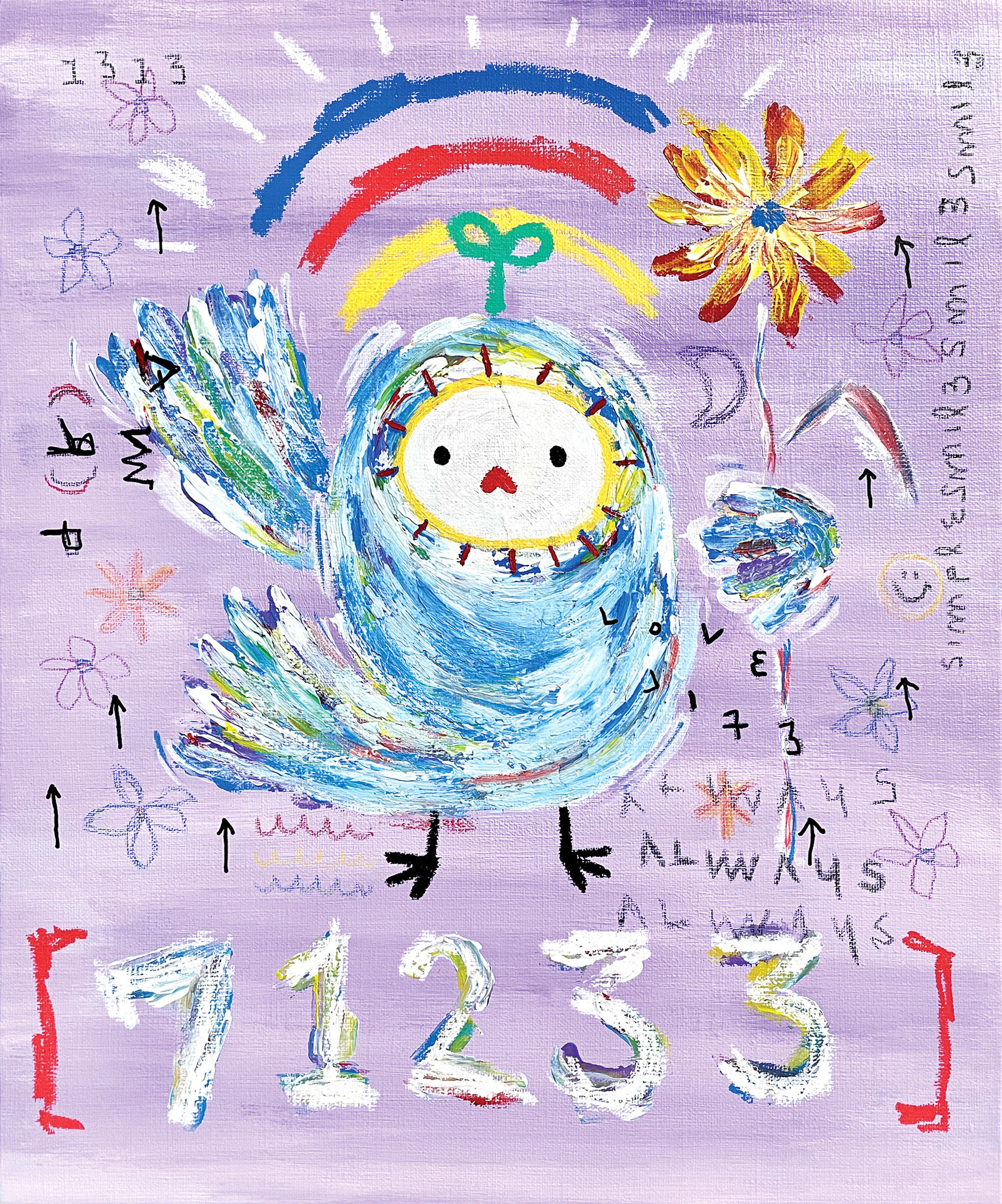[꽃인사 (안녕 Hi)] 45.5 x 37.9 cm (8F) Acrylic, oil paint-stick, acrylic marker, wax pastel on canvas 2022