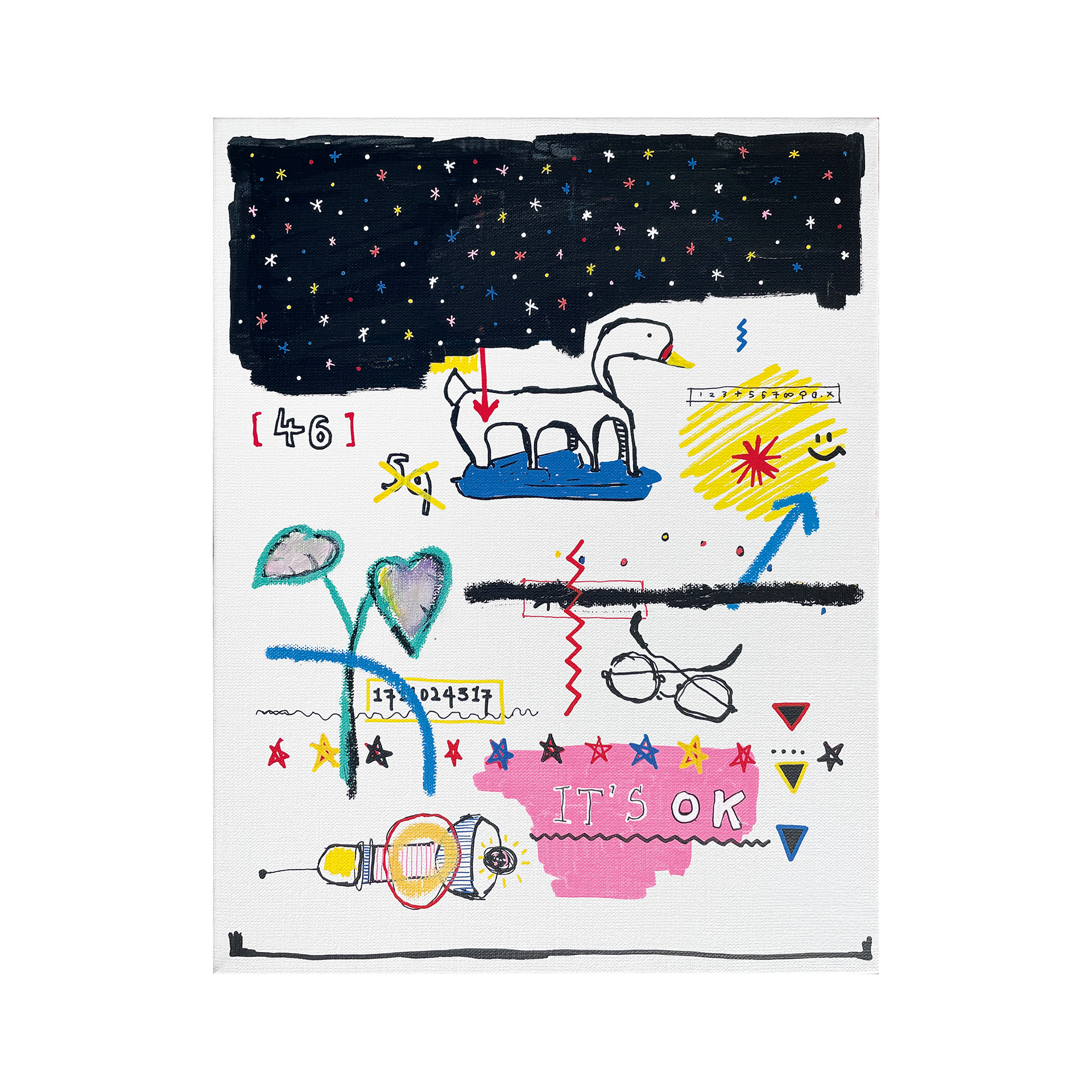 밤에 본 오리배 — Acrylic, Oil and Paint on canvas. 40.9 x 31.8 cm. 2021.