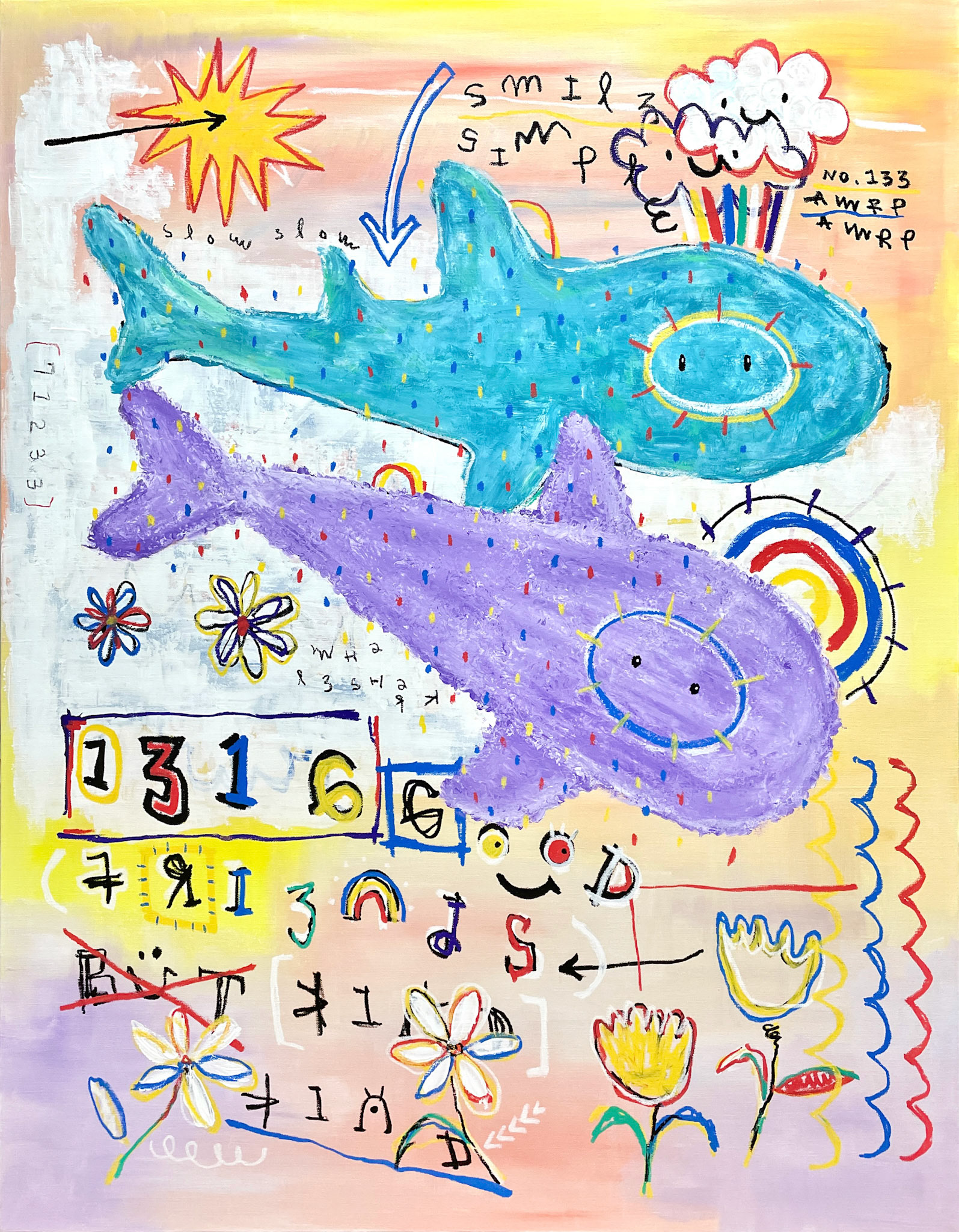 [Big Good Friends] 116.8 x 91.0 cm (50F) Acrylic, oil paint-stick, acrylic marker, wax pastel on canvas 2022