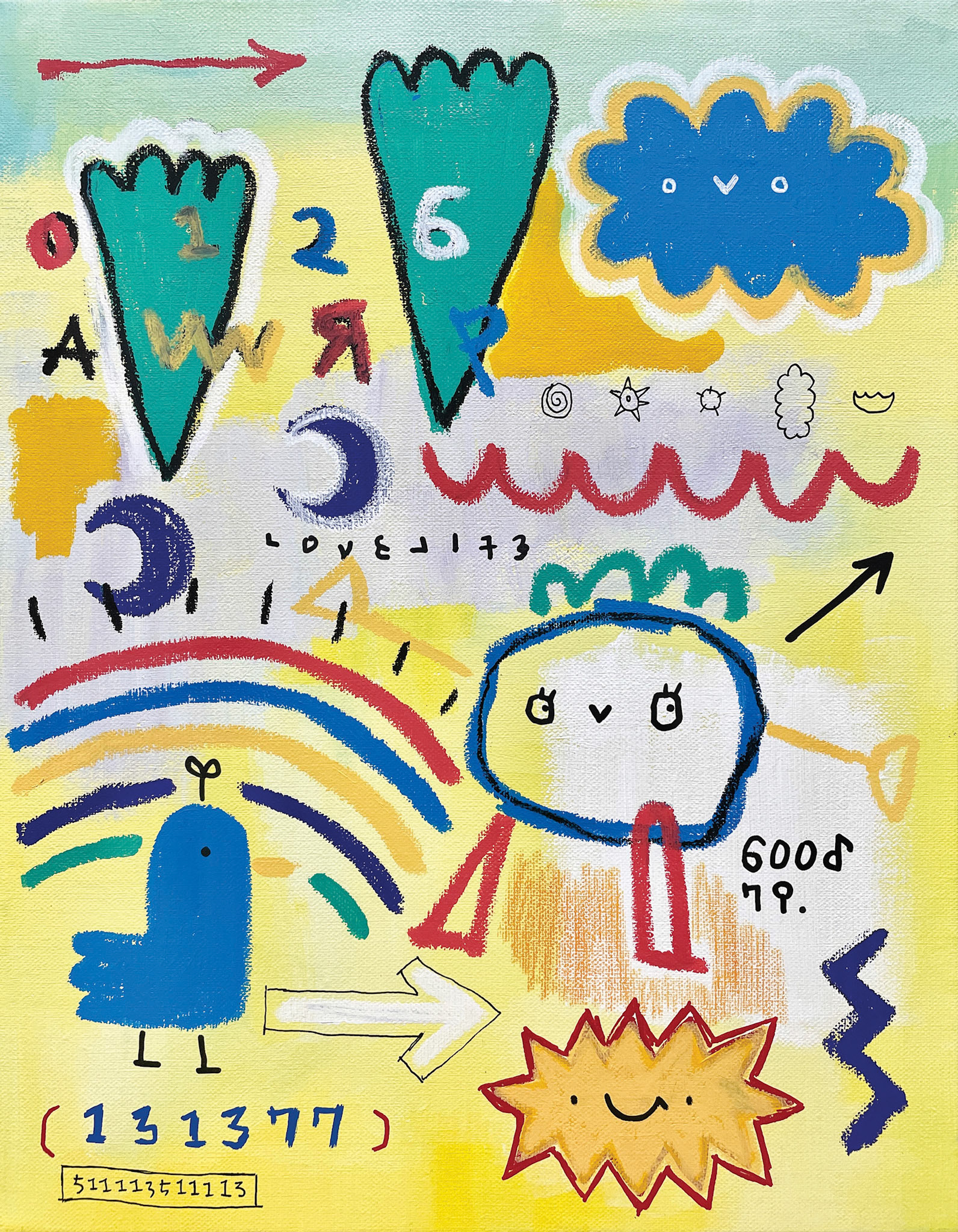 [여름방학2022-5] 40.9 x 31.8 cm (6F) Acrylic, oil paint-stick, acrylic marker, wax pastel on canvas 2022
