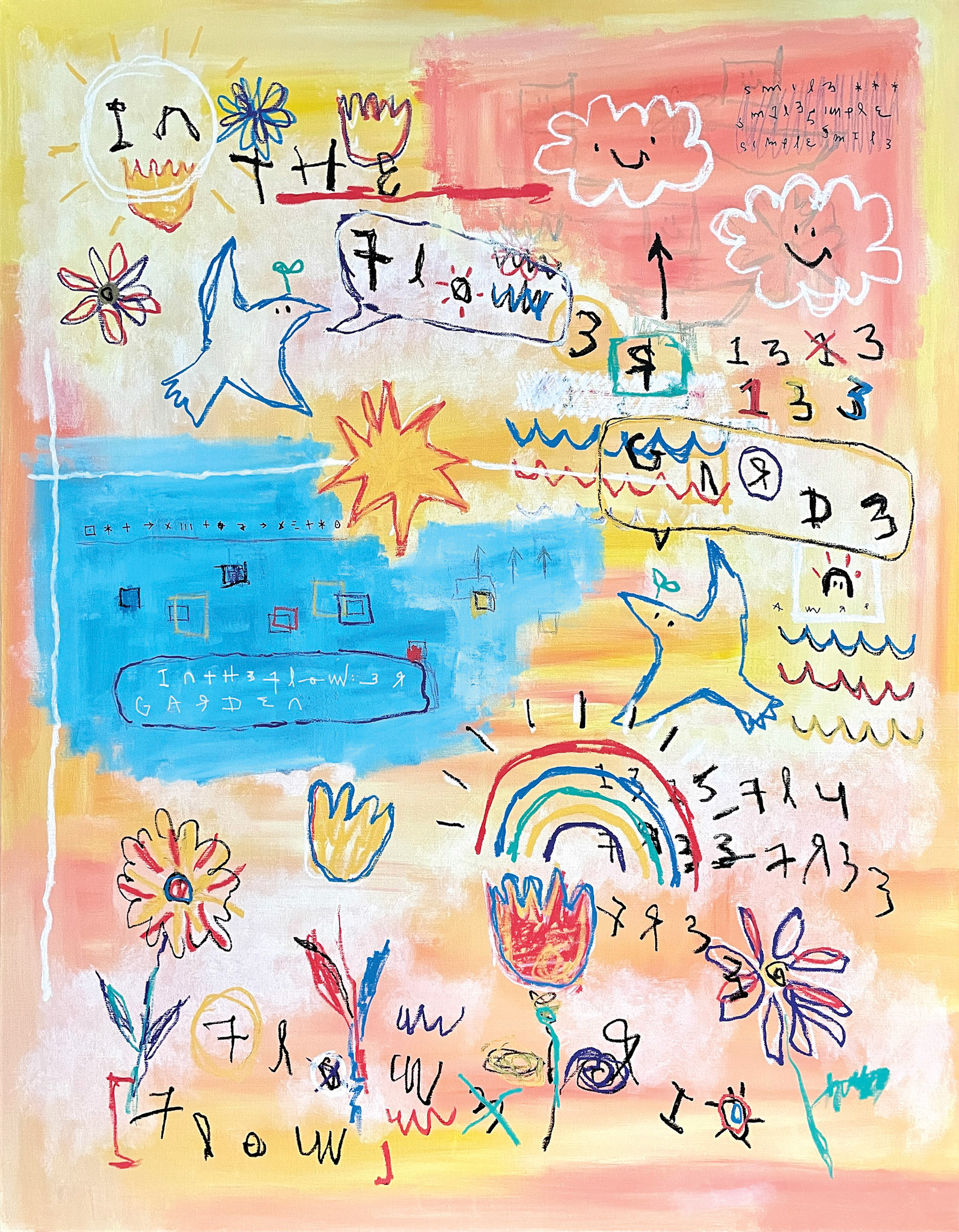 [In The Flower Garden] 116.8 x 91 cm (50F) Acrylic, oil paint-stick, acrylic marker, wax pastel on canvas 2022