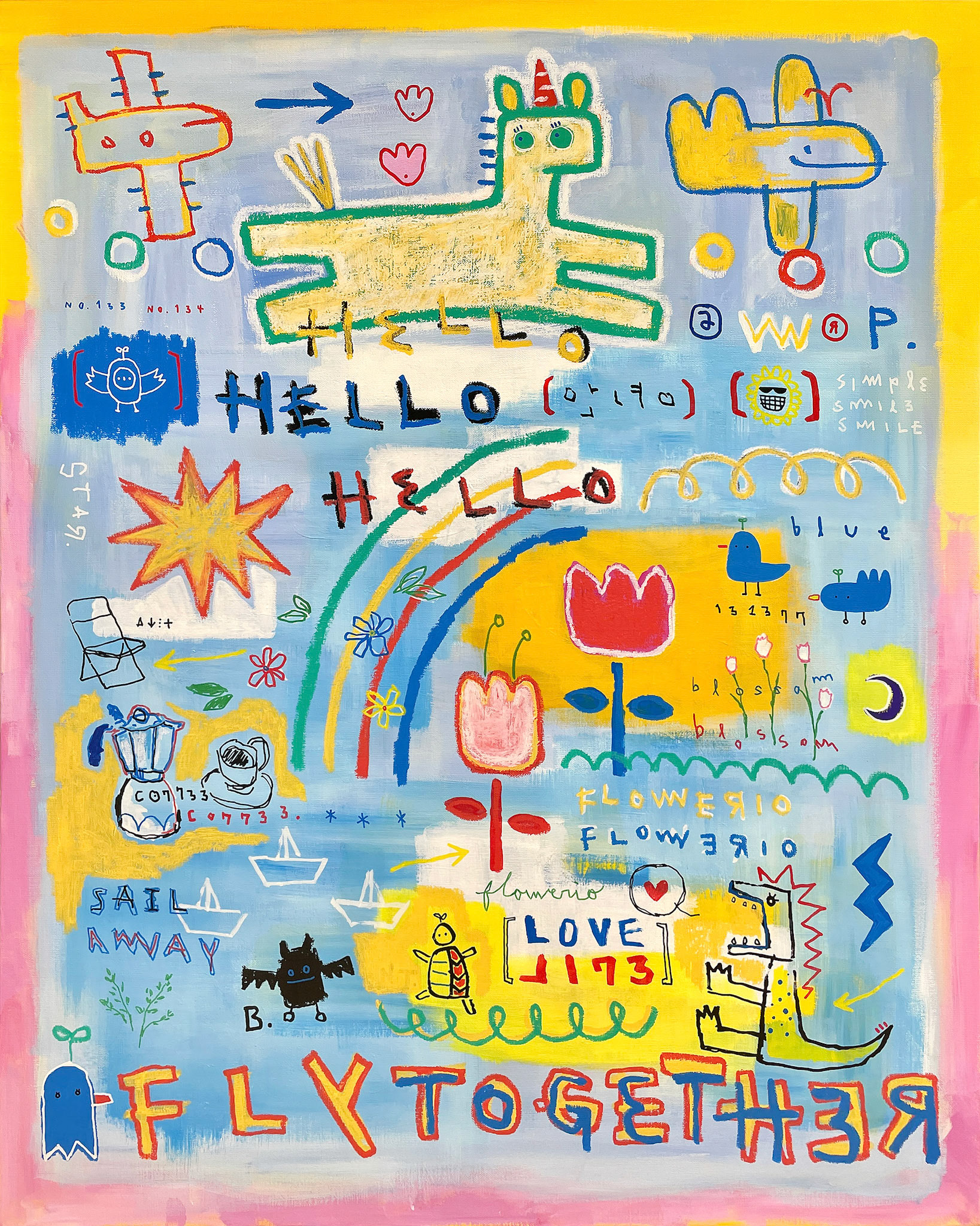 [FLY TOGETHER] 90.9 x 72.7 cm (30F) Acrylic, oil paint-stick, oil marker on canvas 2023