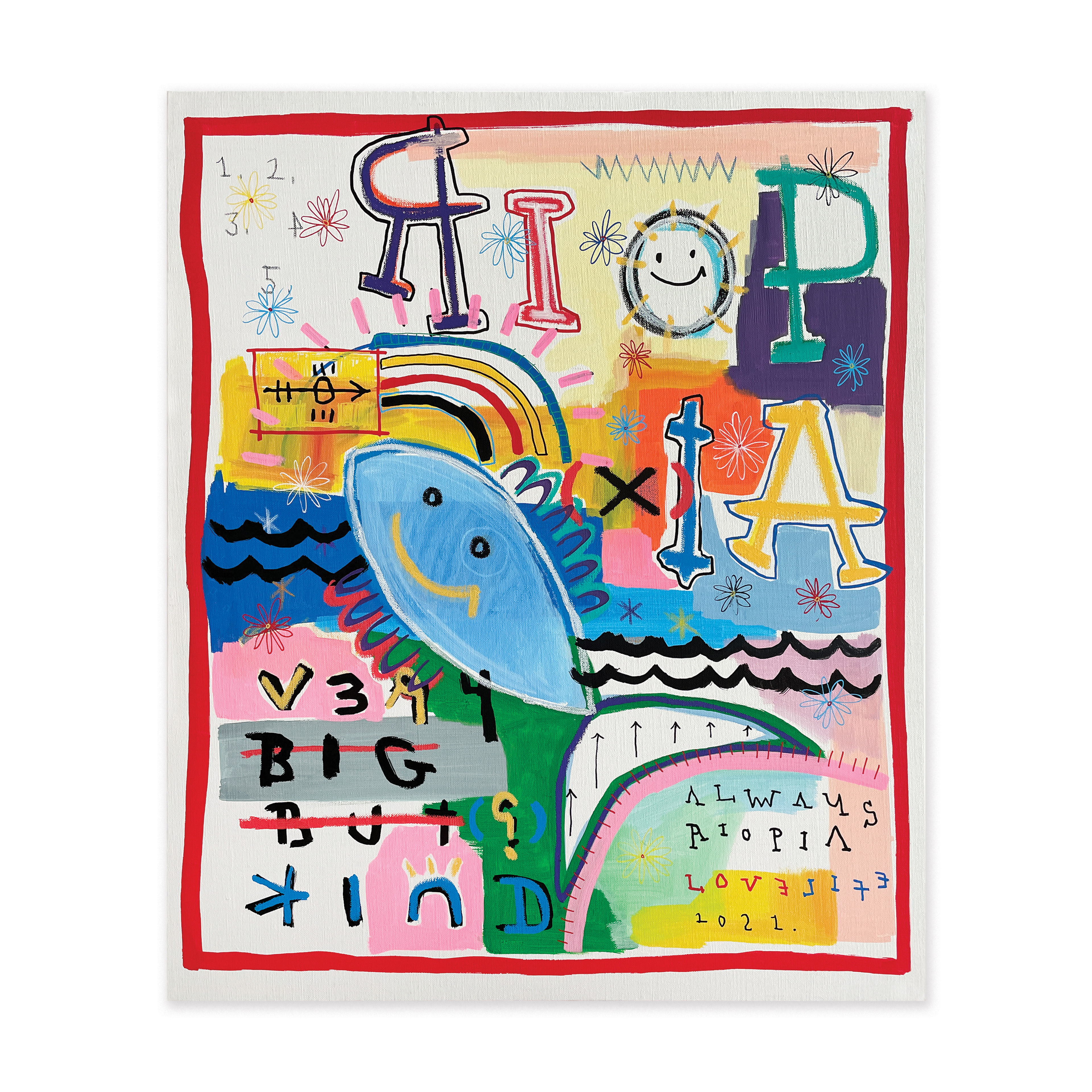 Very Big But Kind — Acrylic, acrylic marker, solid paint marker, wax pastel on canvas. 72.7 x 60.6 cm. 2021.