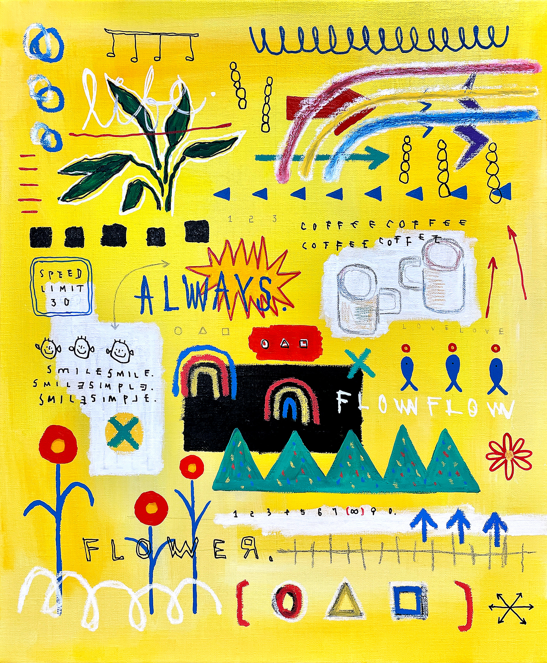 [ALWAYS FLOW FLOW] 60.6 x 50 cm (12F) Acrylic, oil paint-stick, oil marker, wax pastel, pencil on canvas 2023