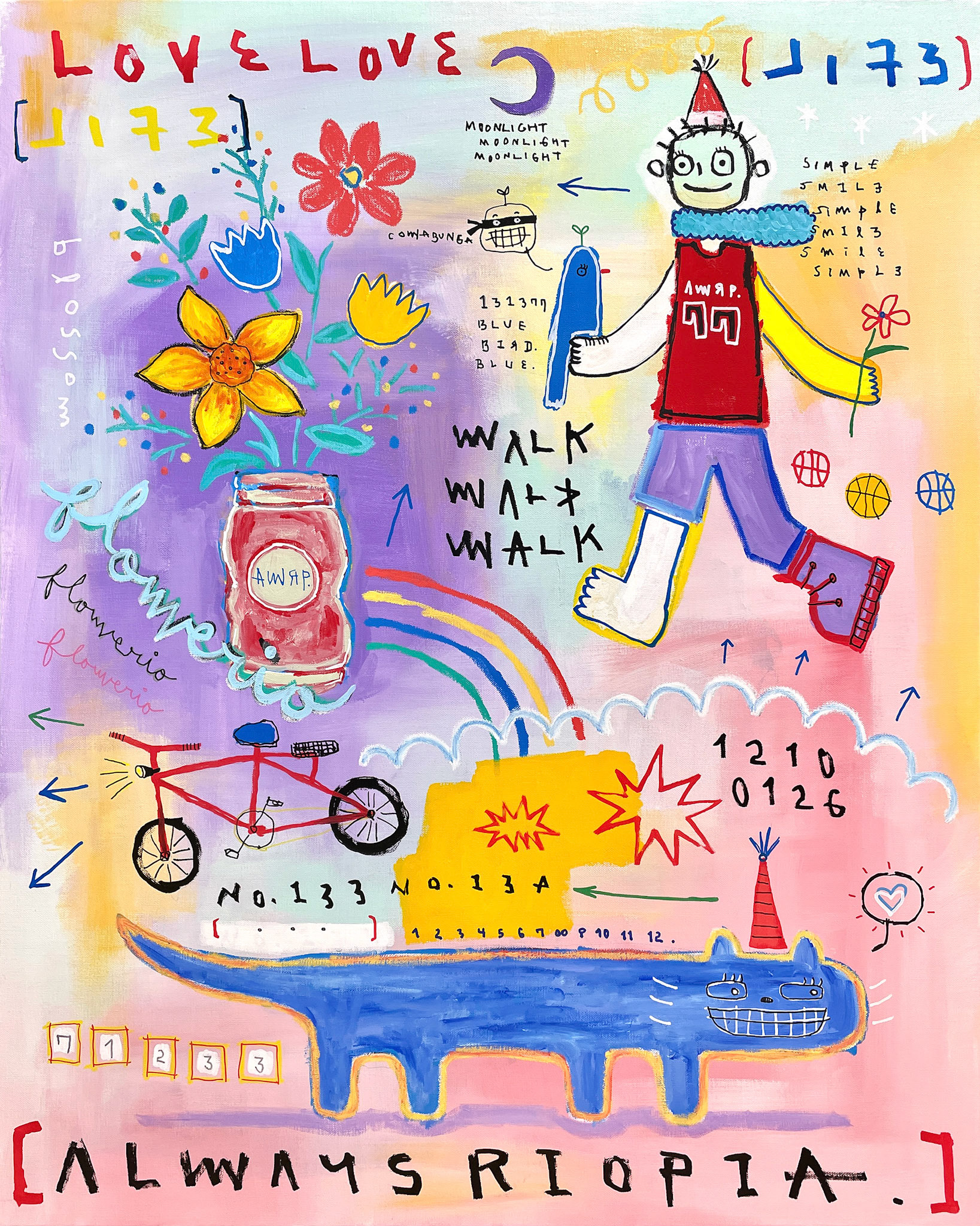 [WALK WALK WALK] 90.9 x 72.7 cm (30F) Acrylic, oil paint-stick, oil marker on canvas 2023