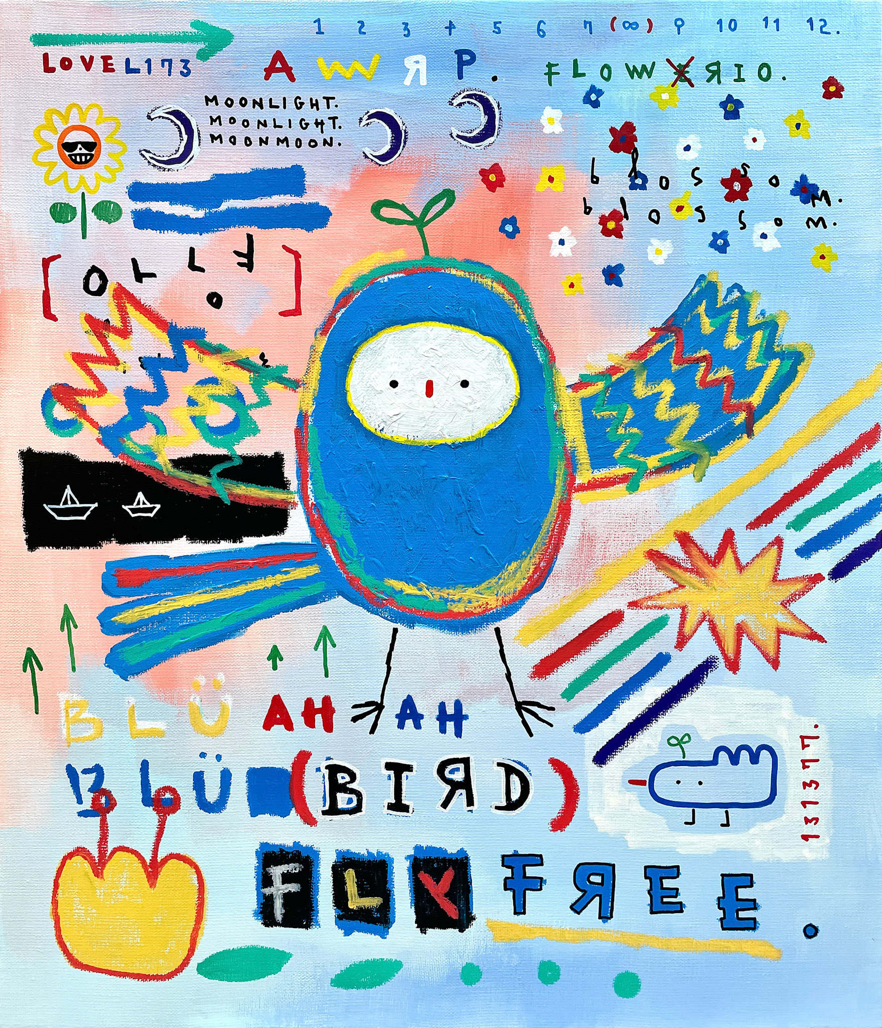 [BLU FLY FREE.] 53.0 x 45.5 cm (10F) Acrylic, oil paint-stick, oil marker on canvas 2023