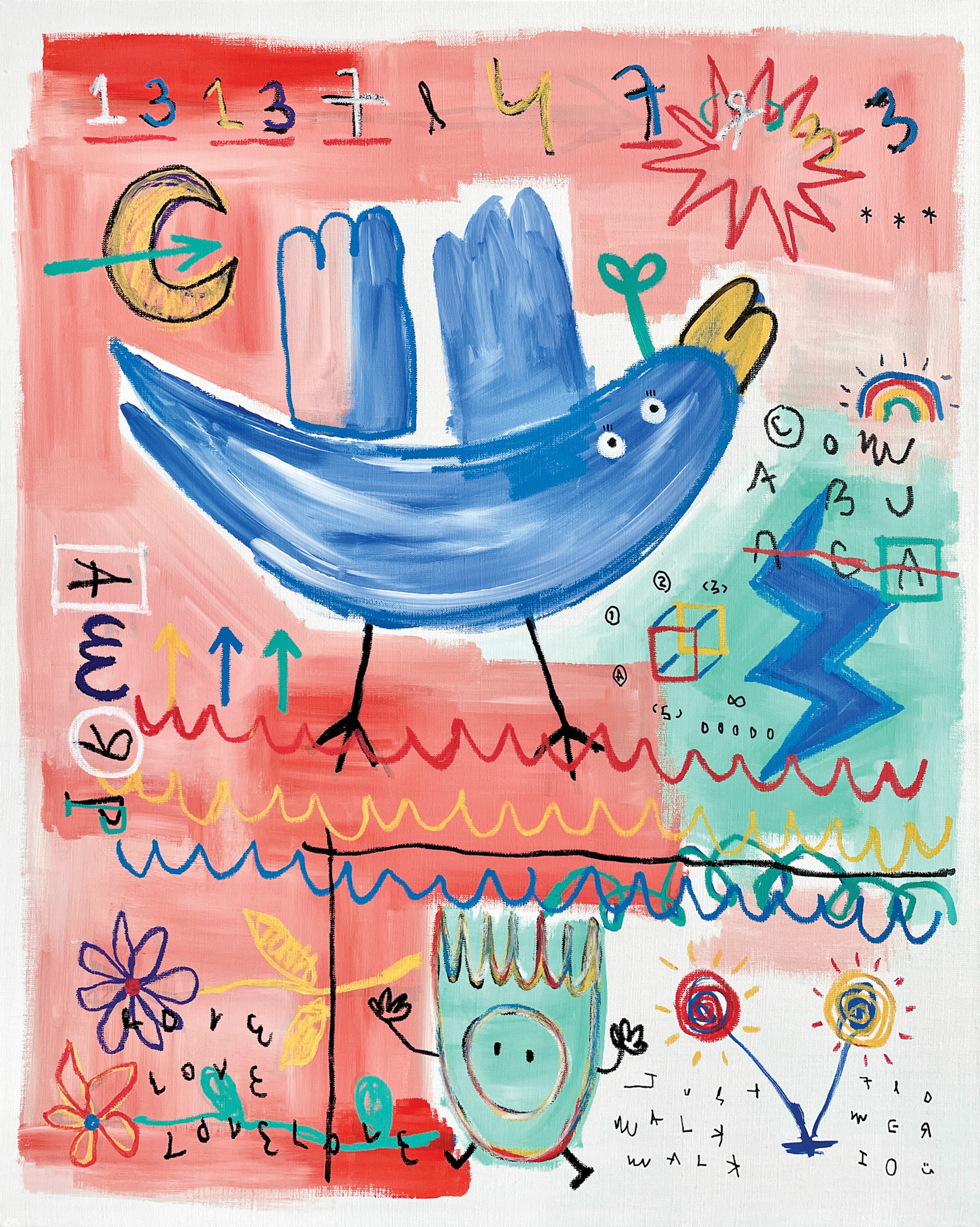 [1313 Fly Free] 90.9 x 72.7 cm (30F) Acrylic, oil paint-stick, acrylic-marker on canvas 2022