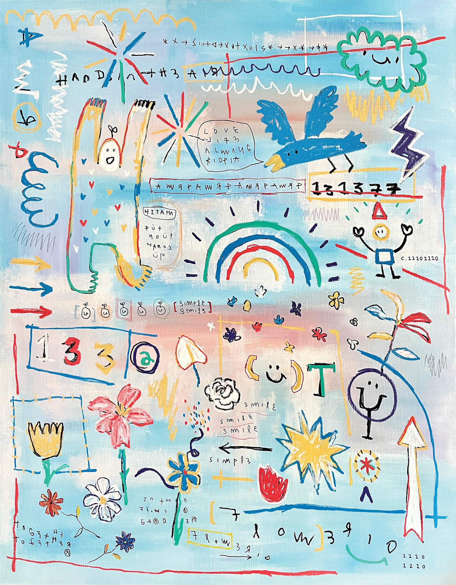 [PYHUPYHU in Flowerio] 116.8 x 91 cm (50F) Acrylic, oil paint-stick, acrylic marker, wax pastel on canvas 2022