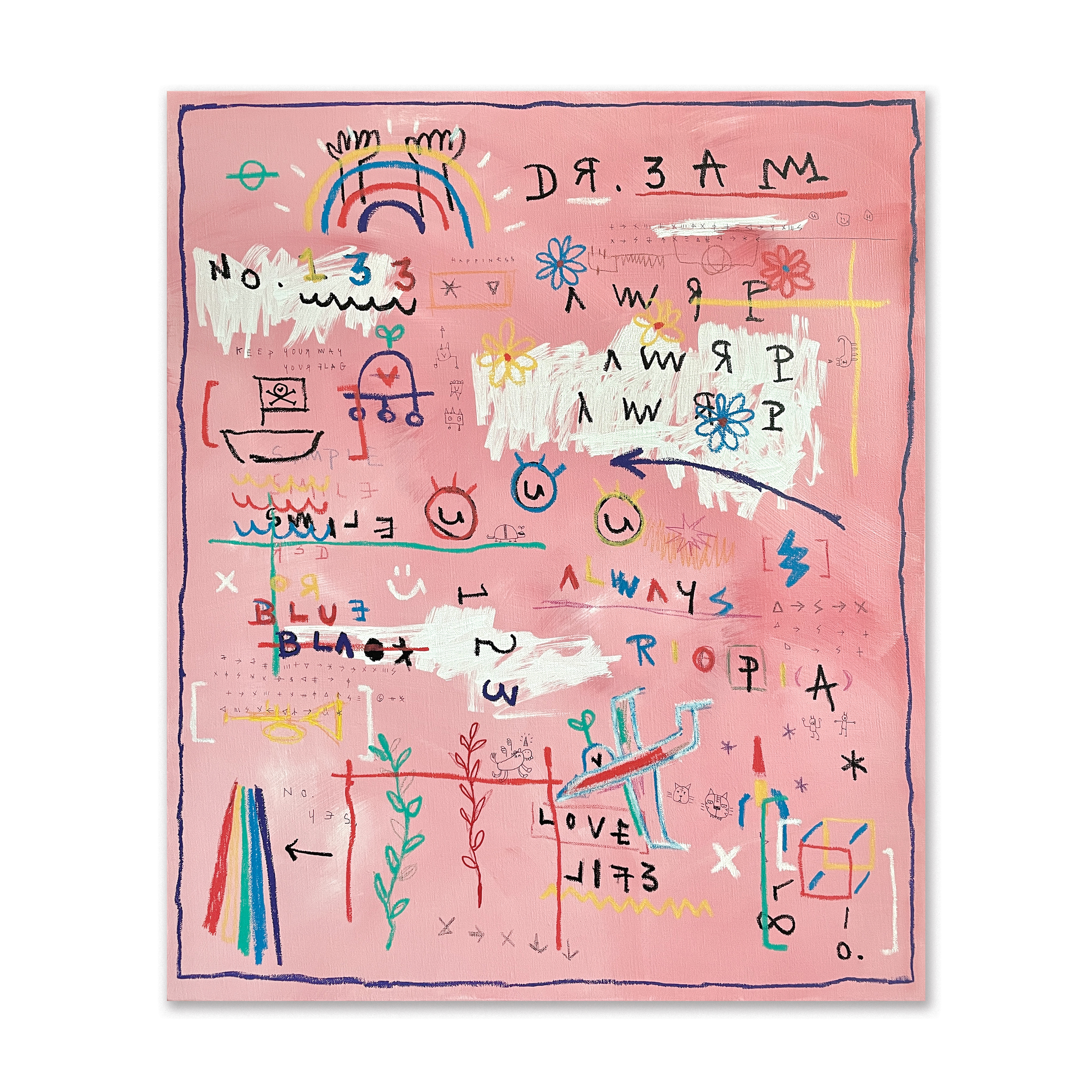 Rainbow — Acrylic, acrylic marker, oil paint-stick, wax pastel, ball pen on canvas. 72.7 x 60.6 cm. 2021.