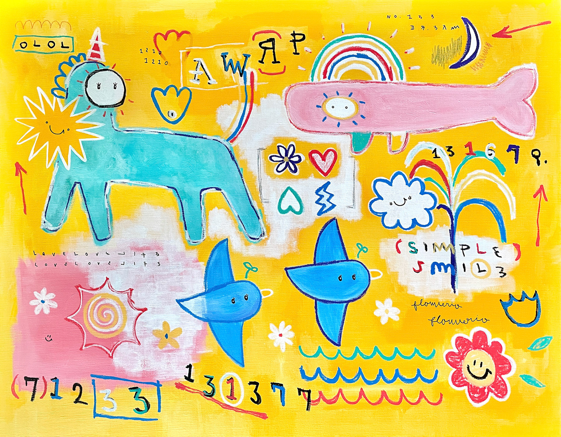 [기분산책] 91.0 x 116.8 cm (50F) Acrylic, oil paint-stick, acrylic marker, wax pastel on canvas 2022