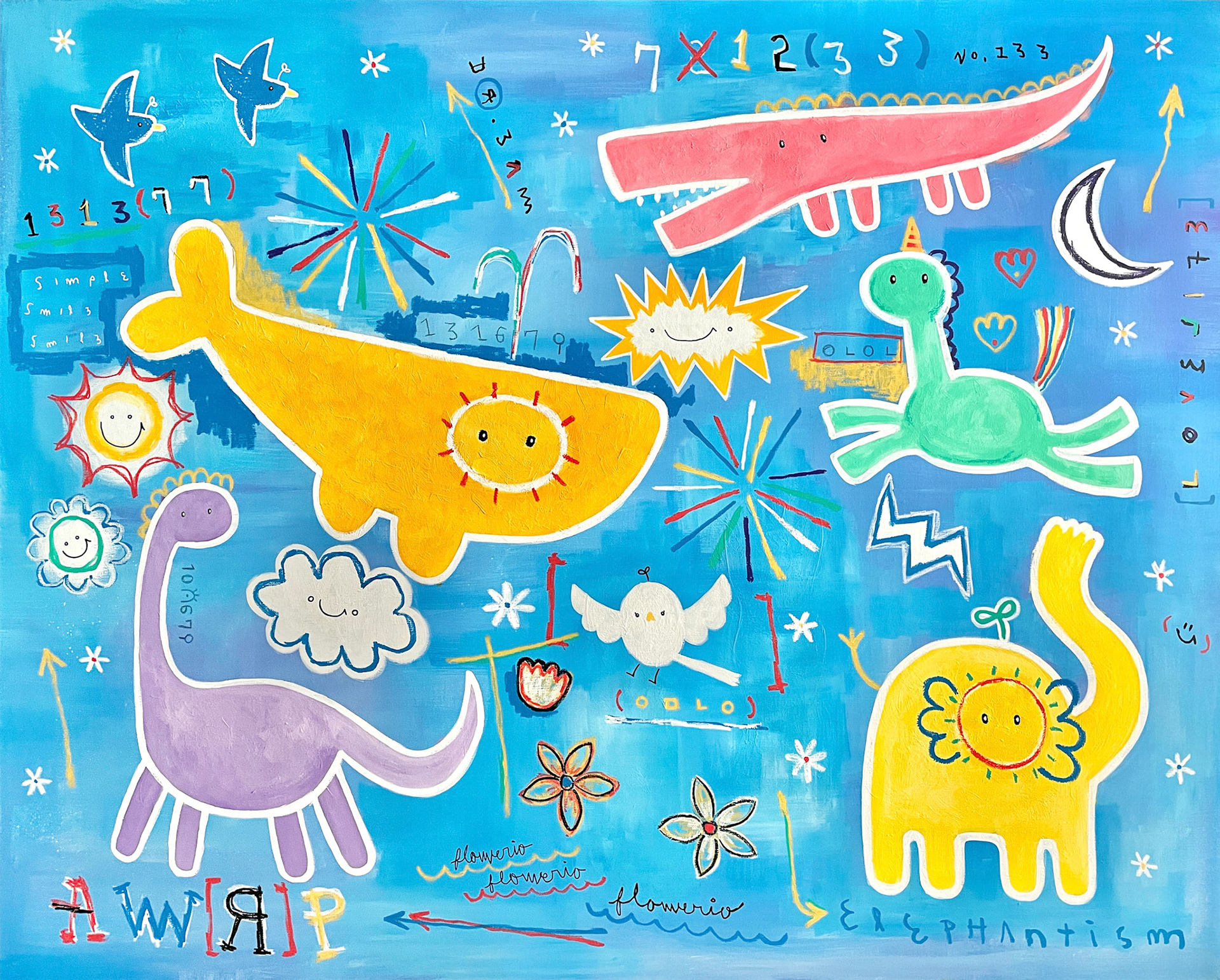 [오목눈이랑] 162.2 x 130.3 cm (100F) Acrylic, oil paint-stick, acrylic marker, wax pastel on canvas 2022