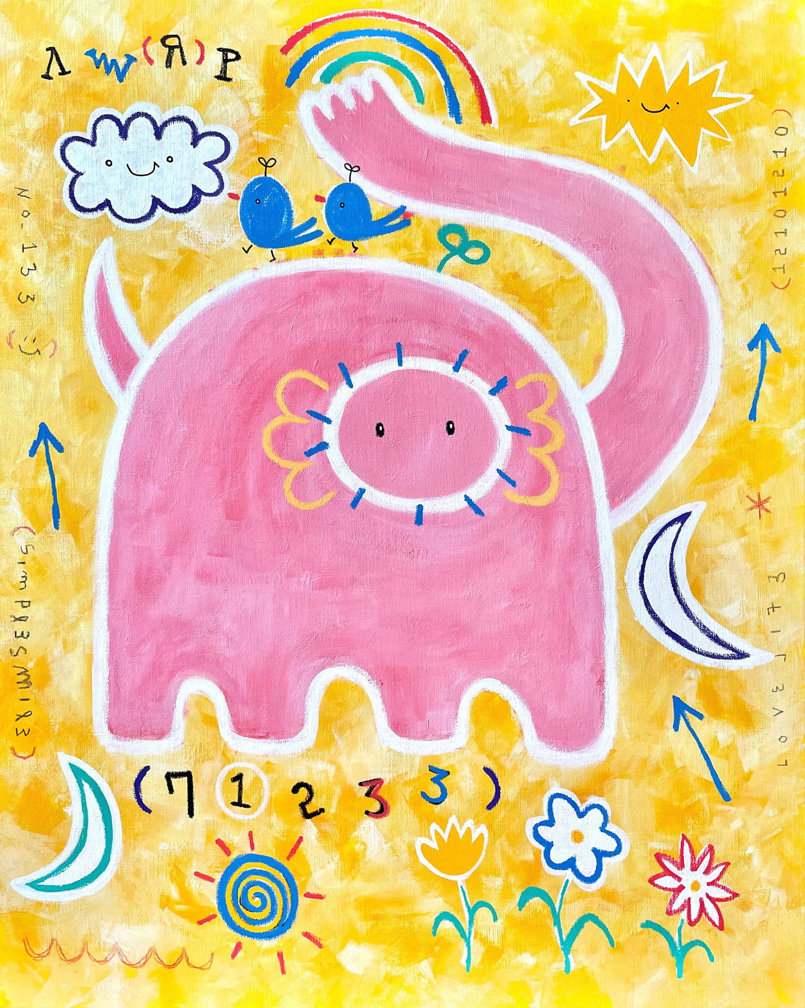 [분홍코끼리] 90.9 x 72.7 cm (30F) Acrylic, oil paint-stick, acrylic marker, wax pastel on canvas 2022