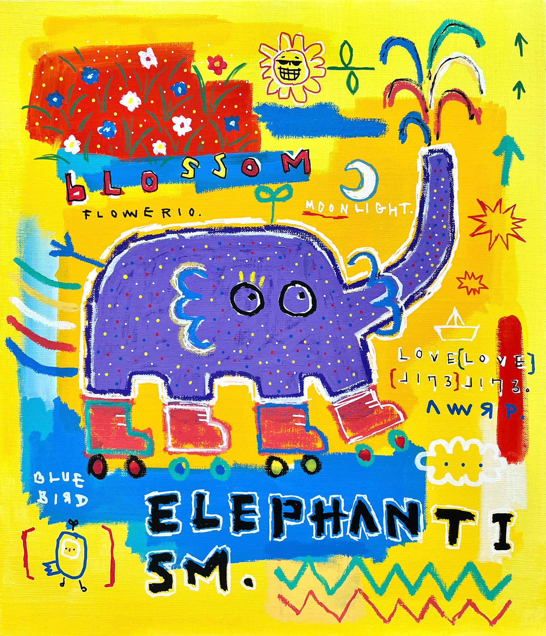 [PURPLE ELEPHANTISM.] 53.0 x 45.5 cm (10F) Acrylic, oil paint-stick, oil marker on canvas 2023