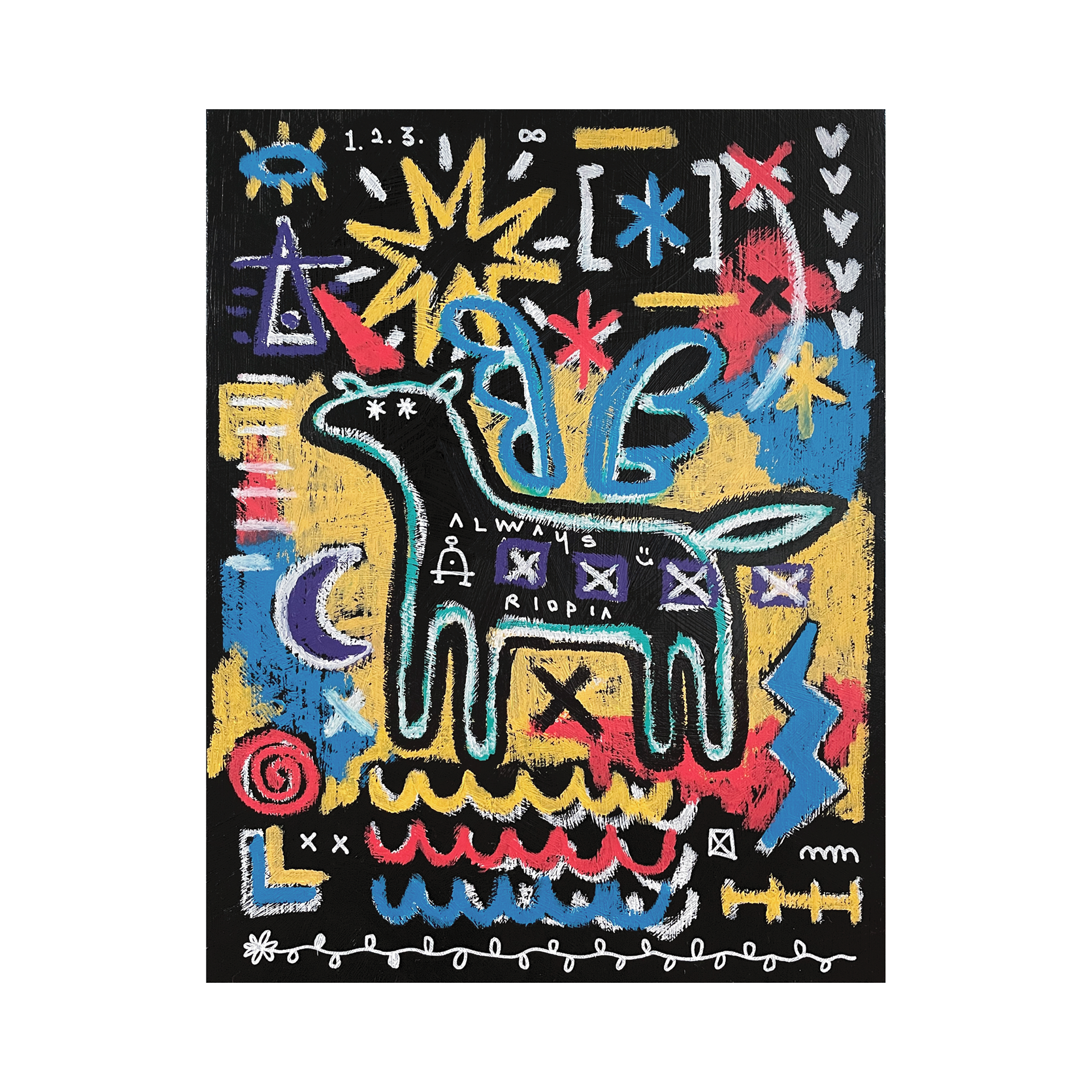 UNICORN — Acrylic, acrylic marker, solid paint marker on canvas. 40.9 x 31.8 cm. 2021.