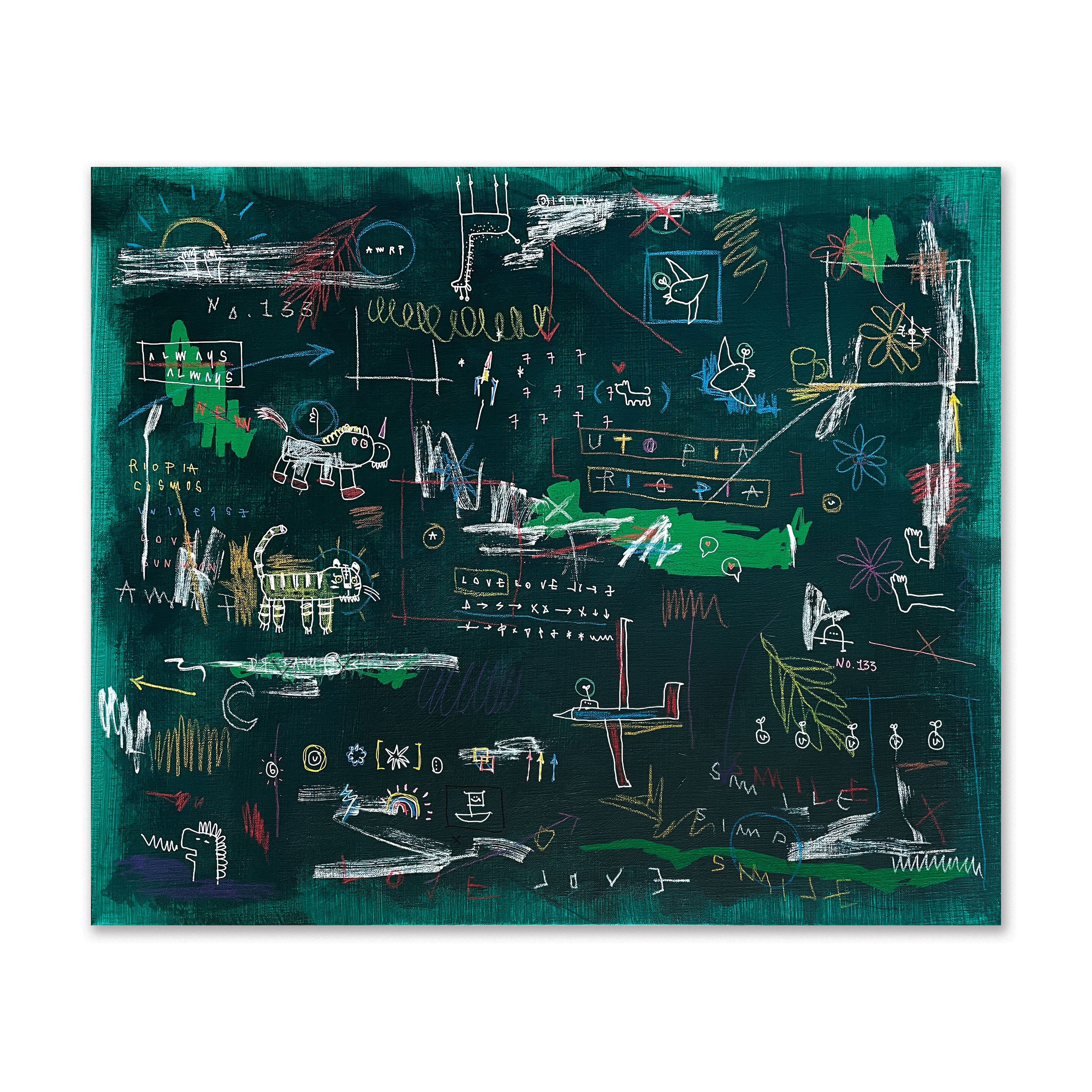 Childlike-Love — Acrylic, acrylic marker, wax pastel on canvas. 60.6 x 72.7 cm. 2021.