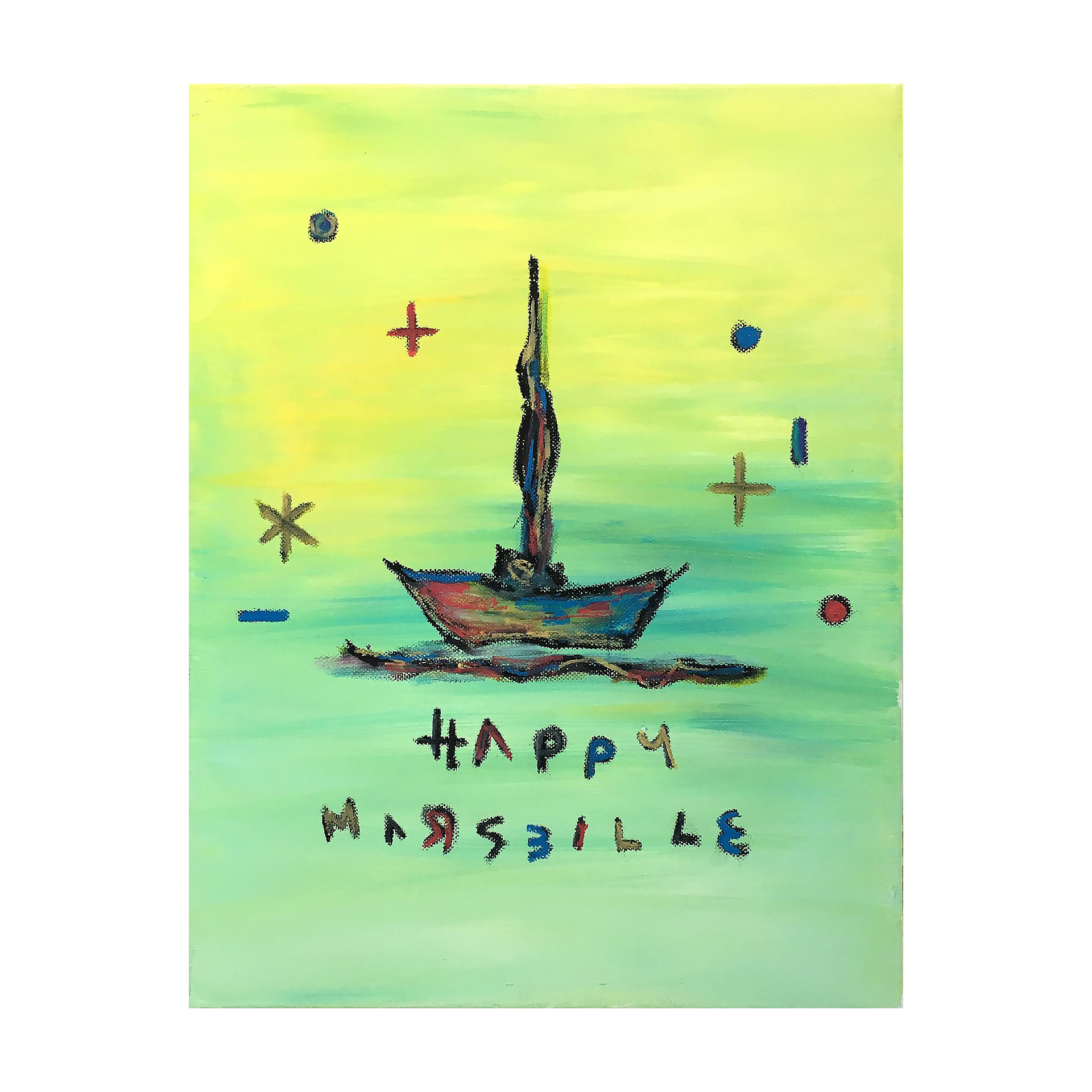 Happy Marseille — Acrylic, oil pastel, solid paint marker on canvas.  40.9 x 31.8 cm. 2018.