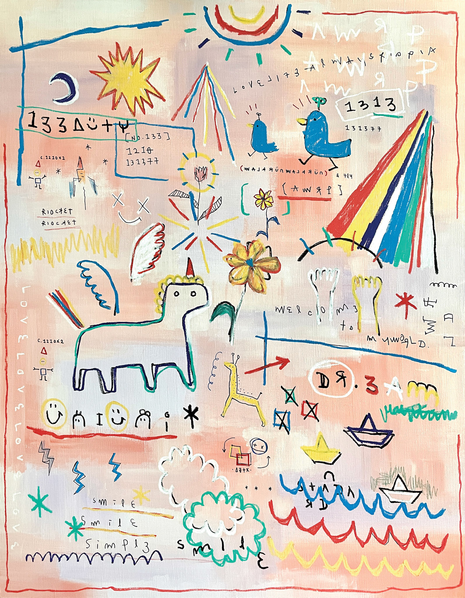 [Welcome To My World] 116.8 x 91 cm (50F) Acrylic, oil paint-stick, acrylic marker, wax pastel on canvas 2022