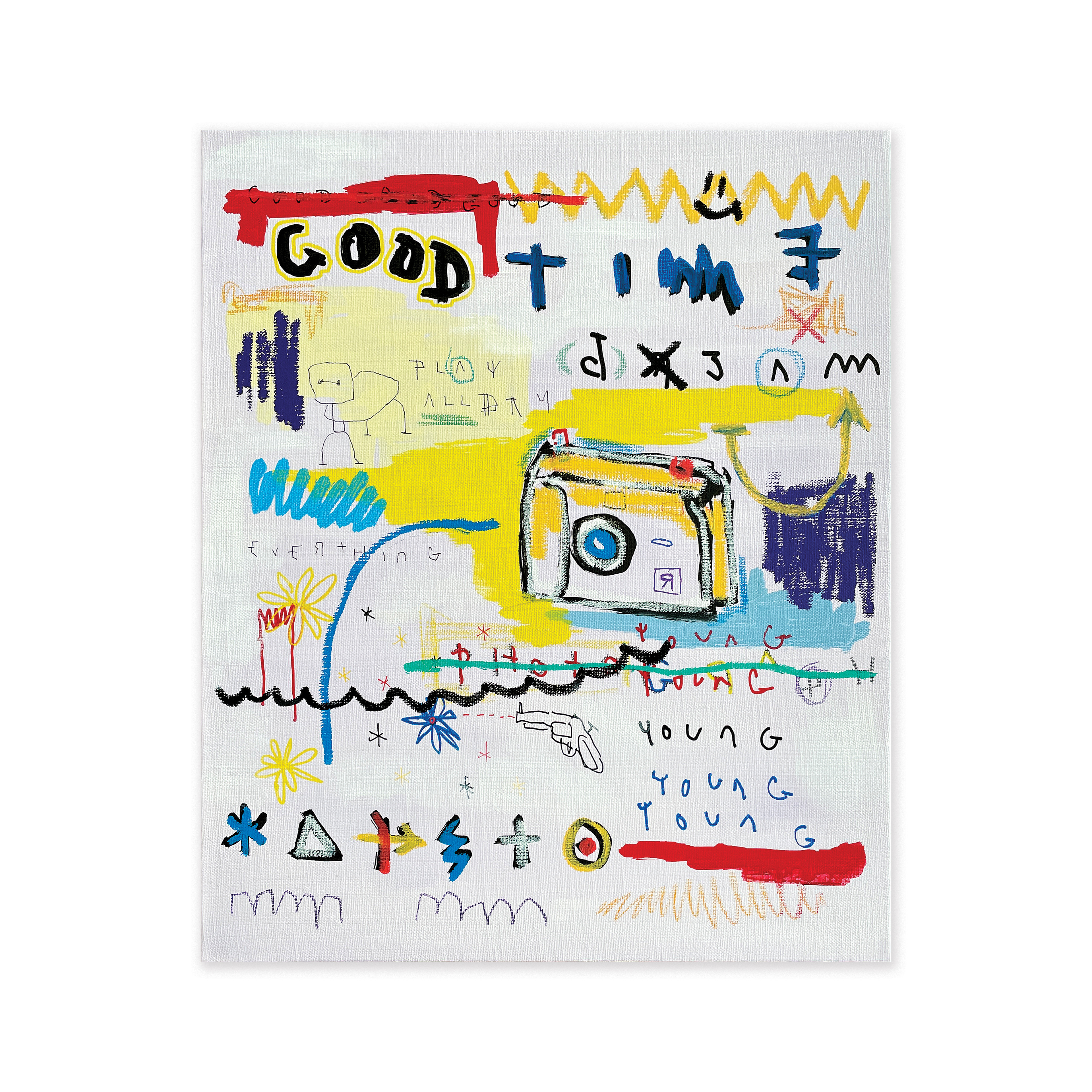 Good Time — Acrylic, acrylic marker, solid paint marker, wax pastel, ball pen on canvas. 45.5 x 37.9 cm. 2021.